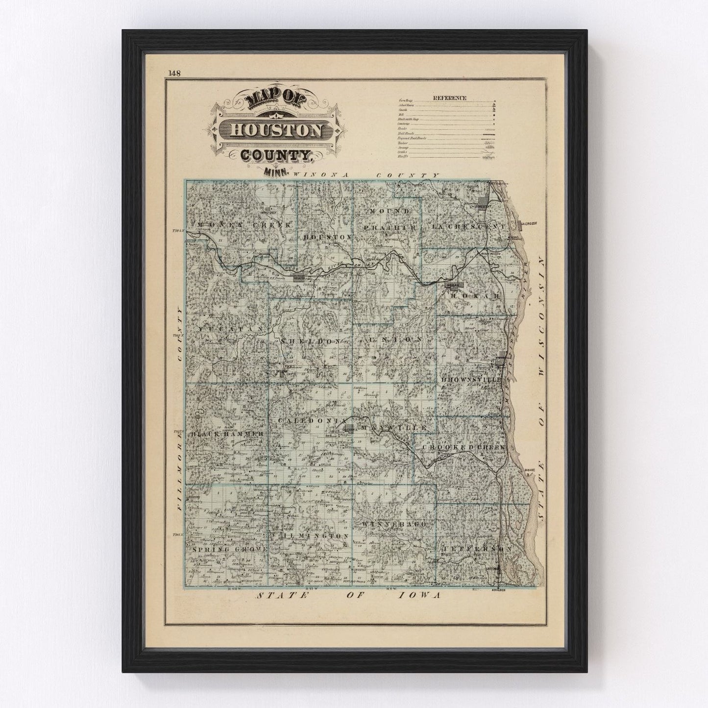 Vintage map of Houston County, Minnesota, 1874