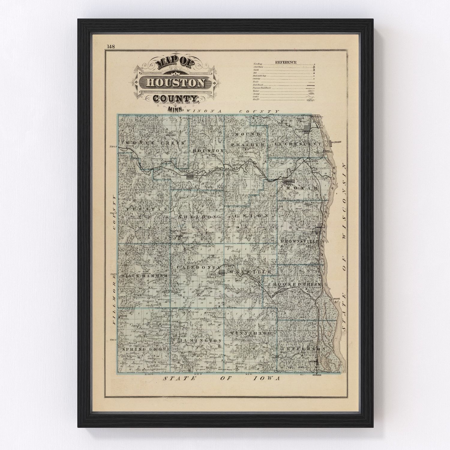 Vintage map of Houston County, Minnesota, 1874