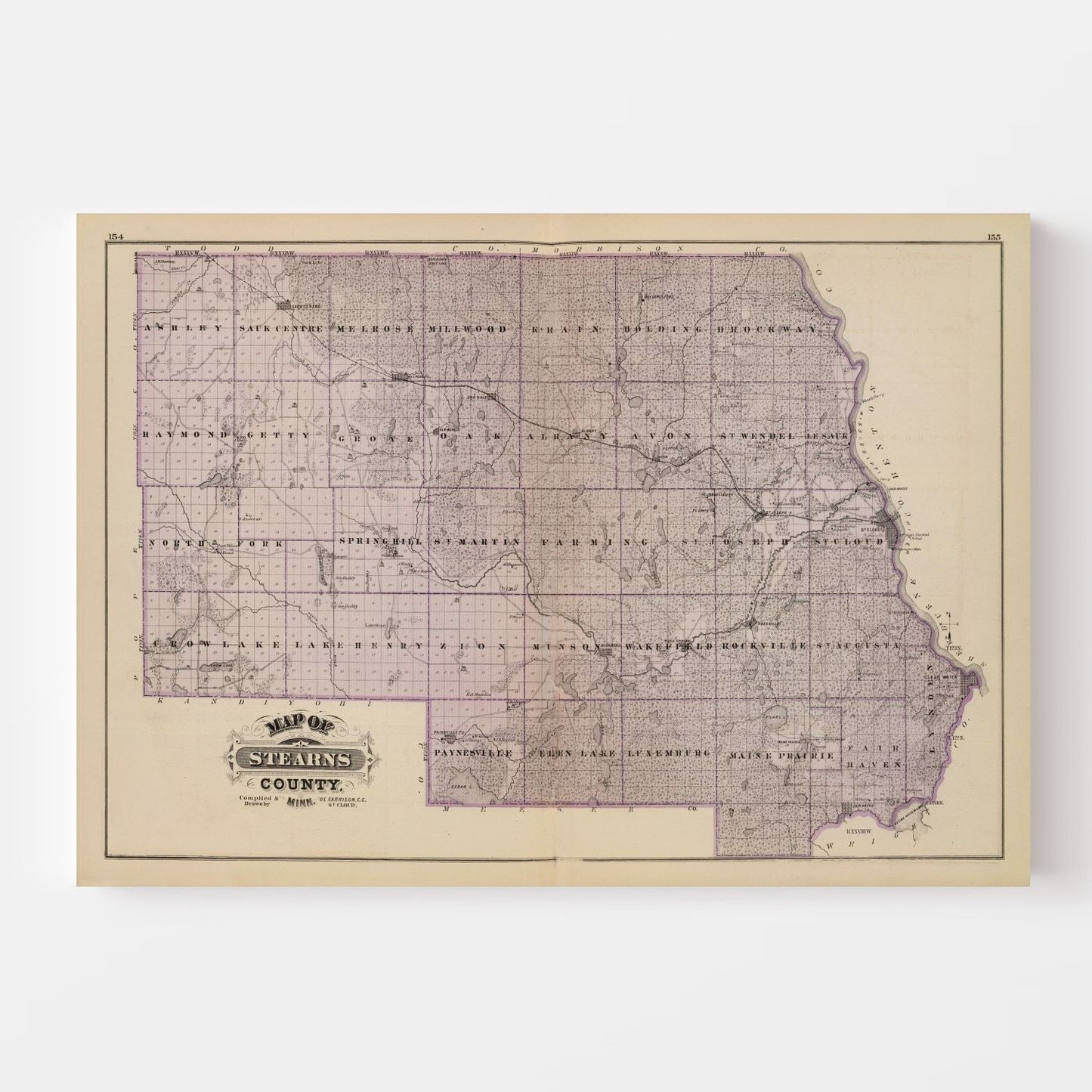 Vintage Map of Stearns County, Minnesota, 1874