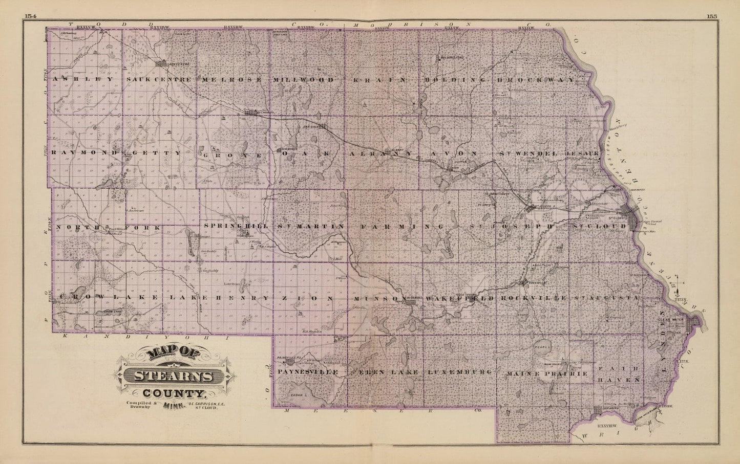 Vintage Map of Stearns County, Minnesota, 1874