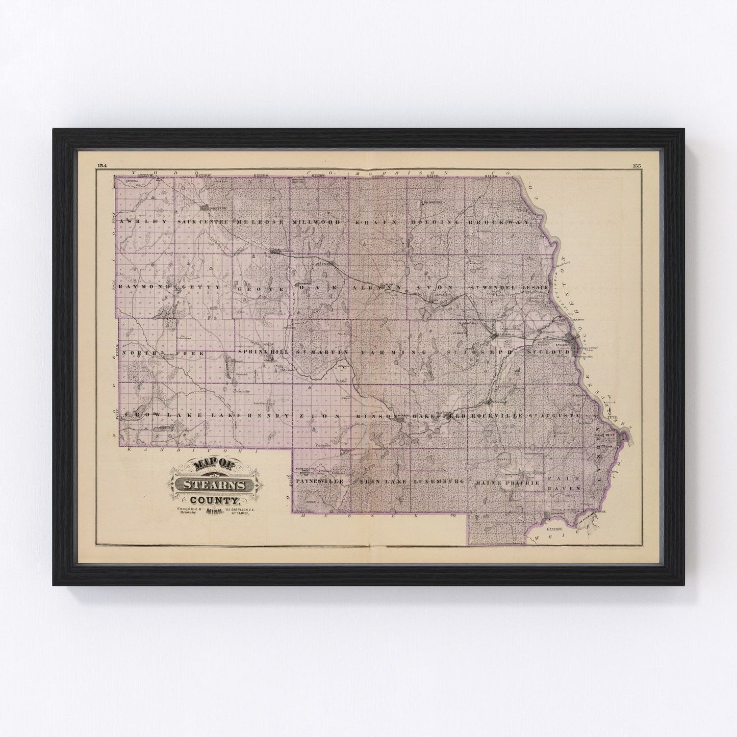 Vintage map of Stearns County, Minnesota, 1874