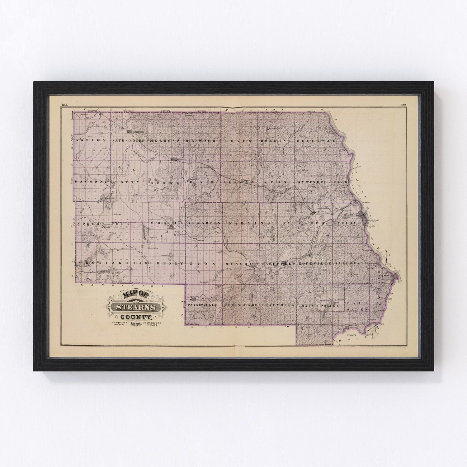 Vintage map of Stearns County, Minnesota, 1874