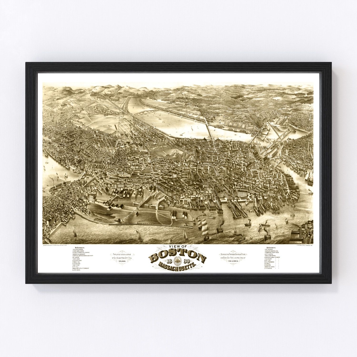 vintage map of Boston Massachusetts 1880, restored print wall art