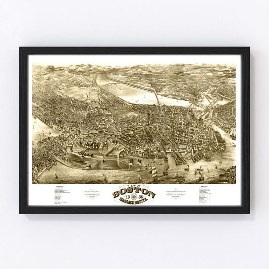 vintage map of Boston Massachusetts 1880, restored print wall art