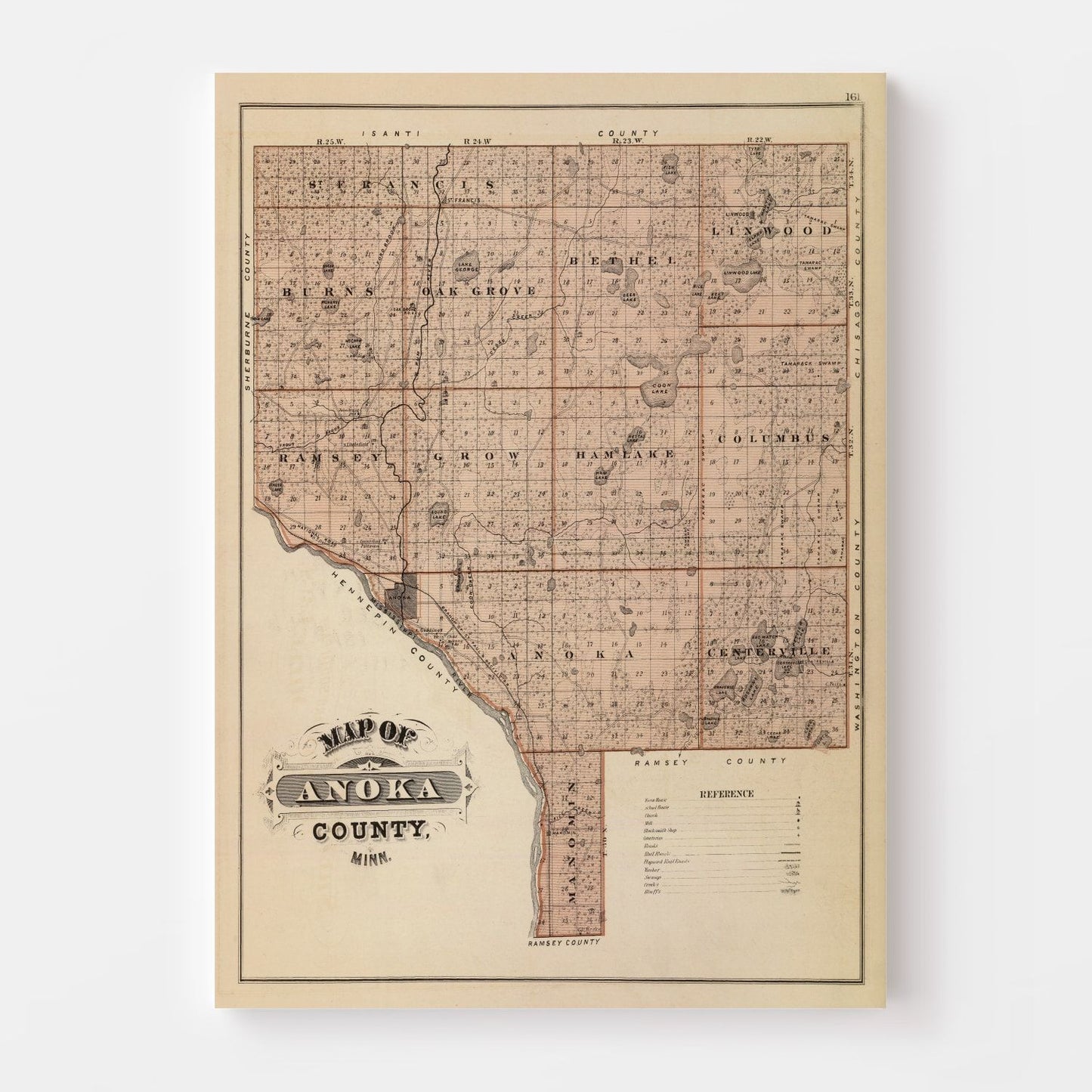 Vintage Map of Anoka County, Minnesota, 1874