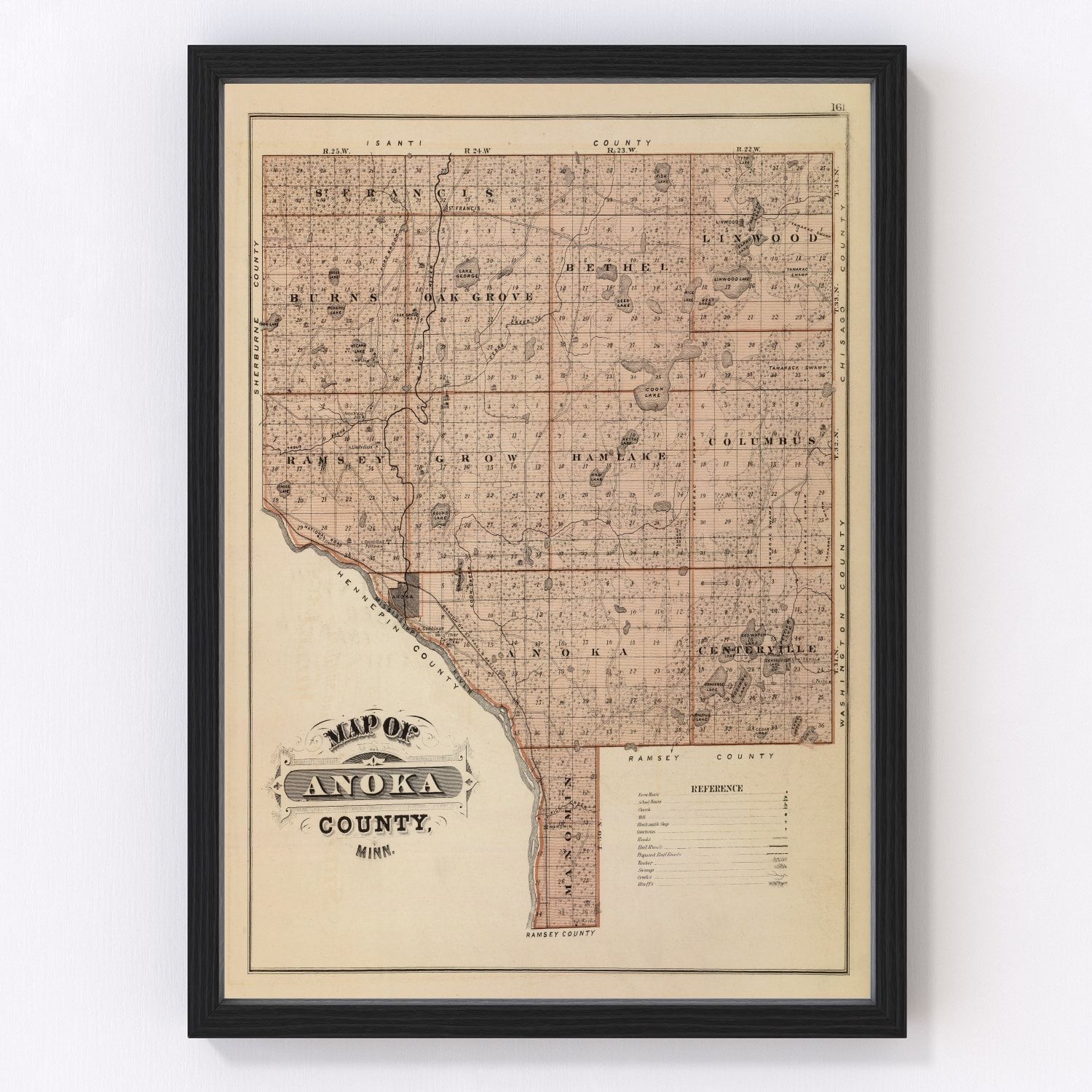 Restored vintage map of Anoka County, Minnesota, 1874