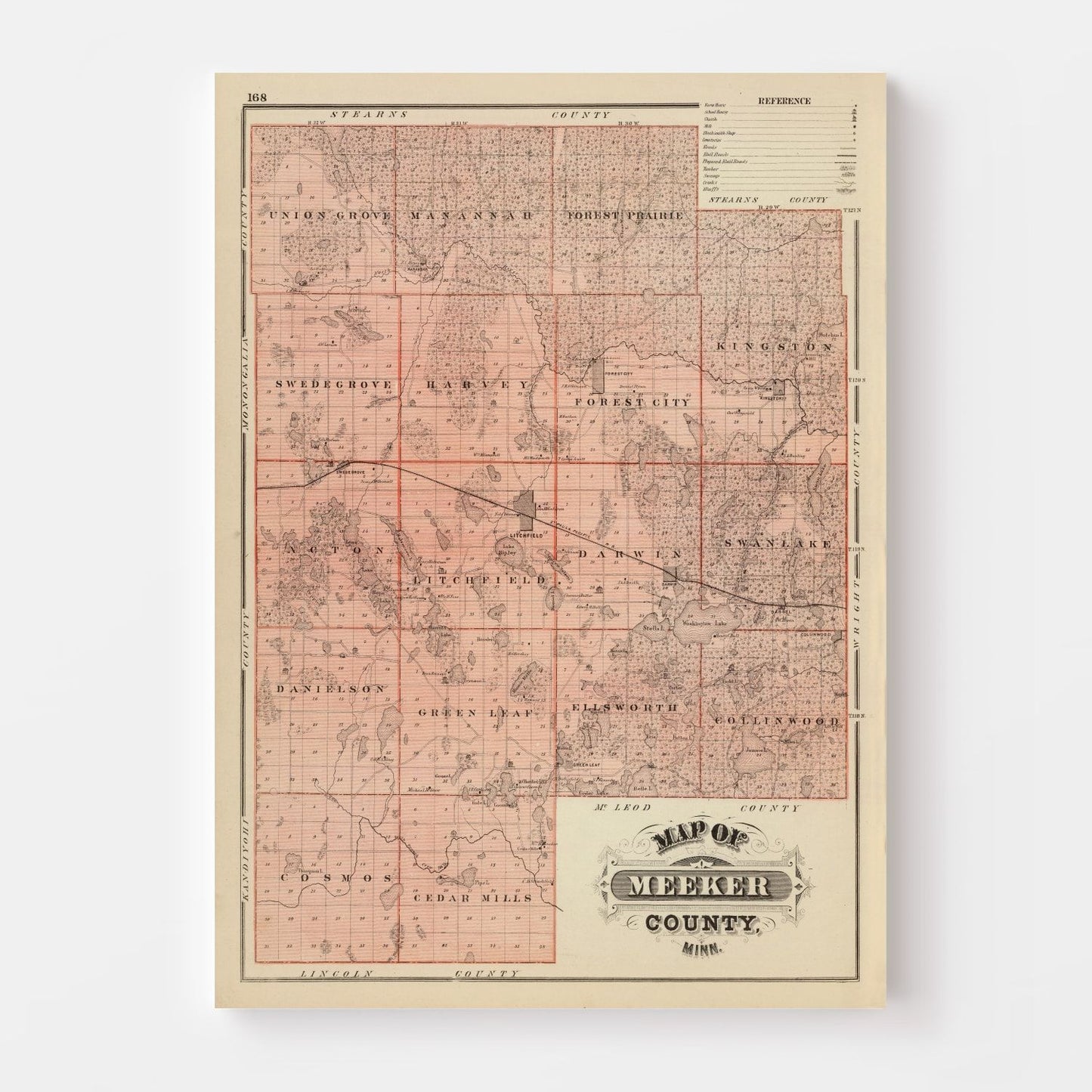 Vintage Map of Meeker County, Minnesota, 1874