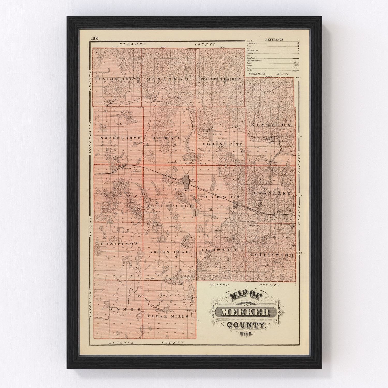 Vintage map of Meeker County, Minnesota, 1874