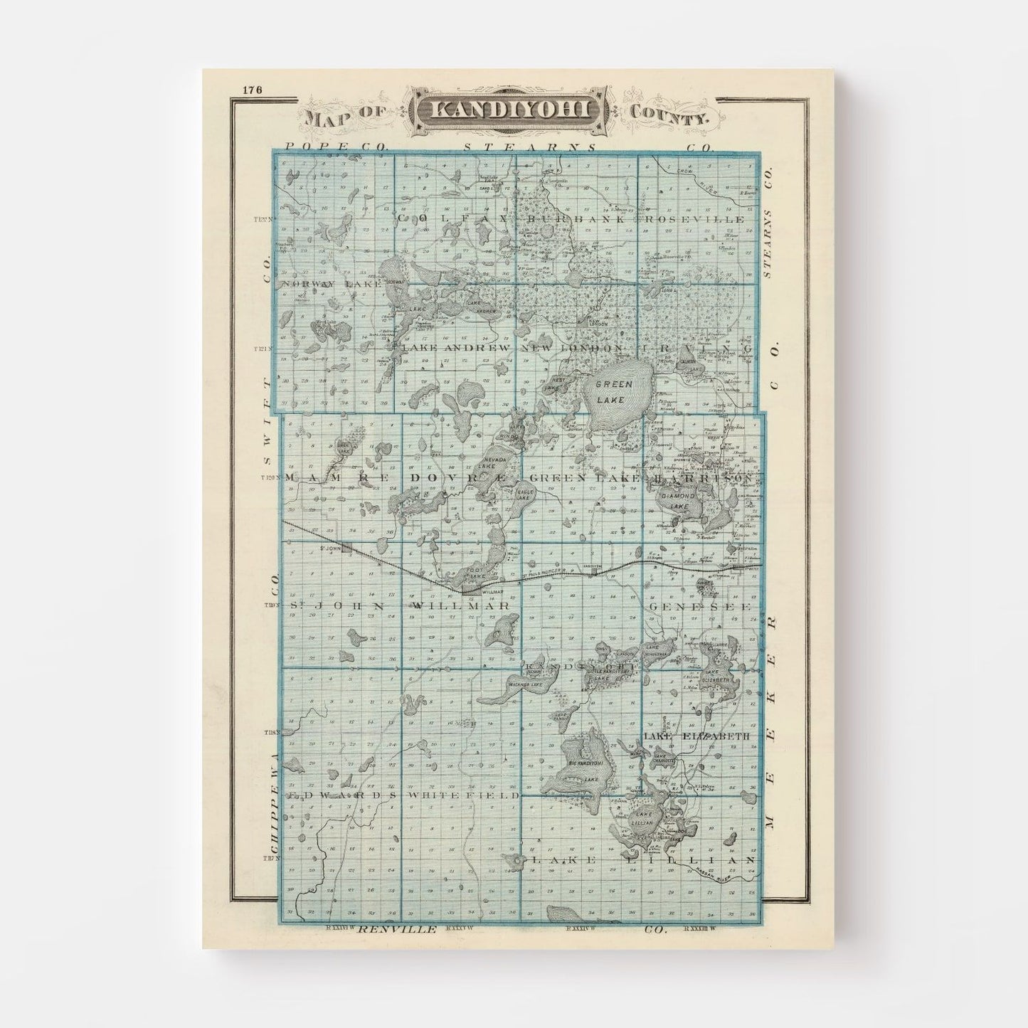 Vintage Map of Kandiyohi County, Minnesota, 1874