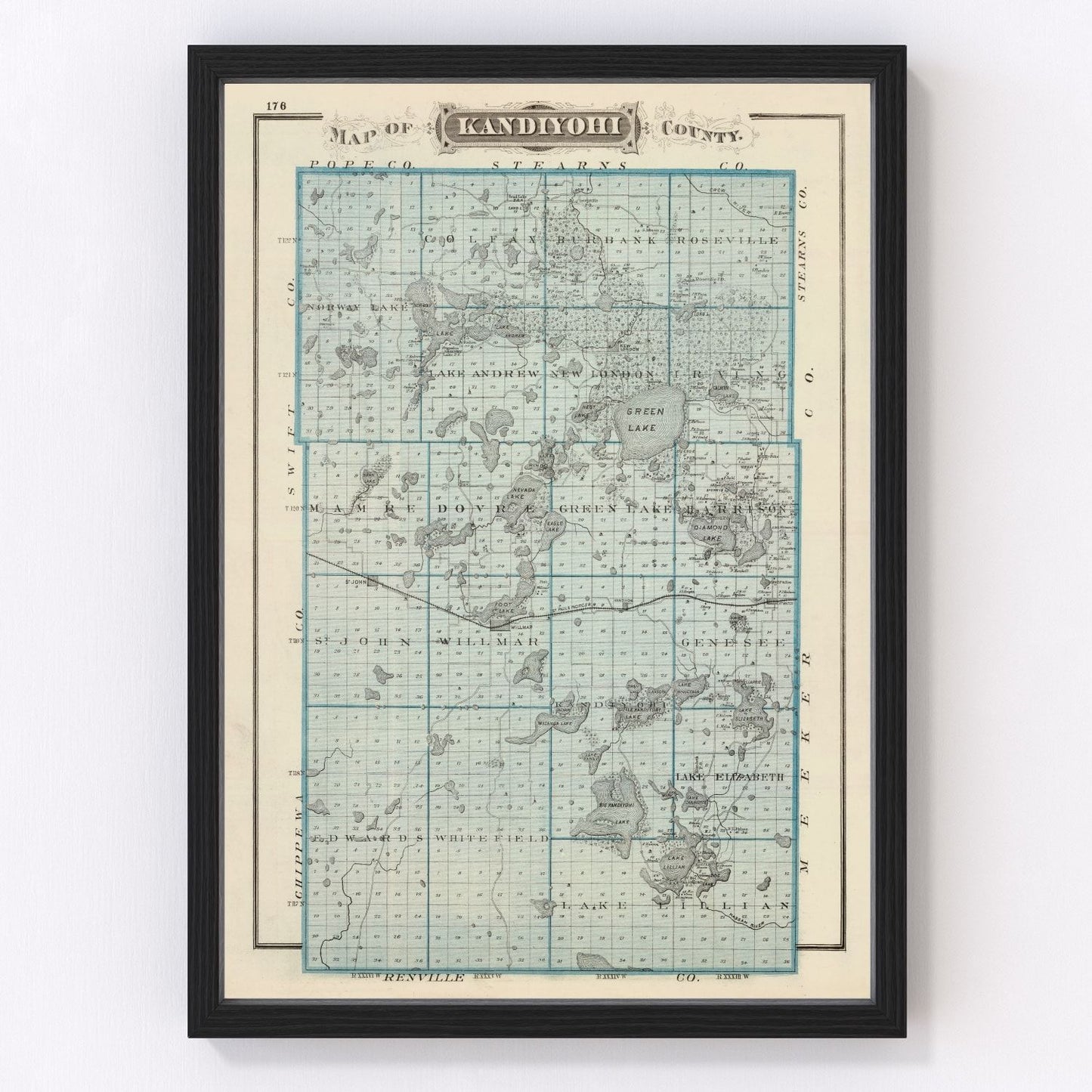 Vintage map of Kandiyohi County, Minnesota, 1874