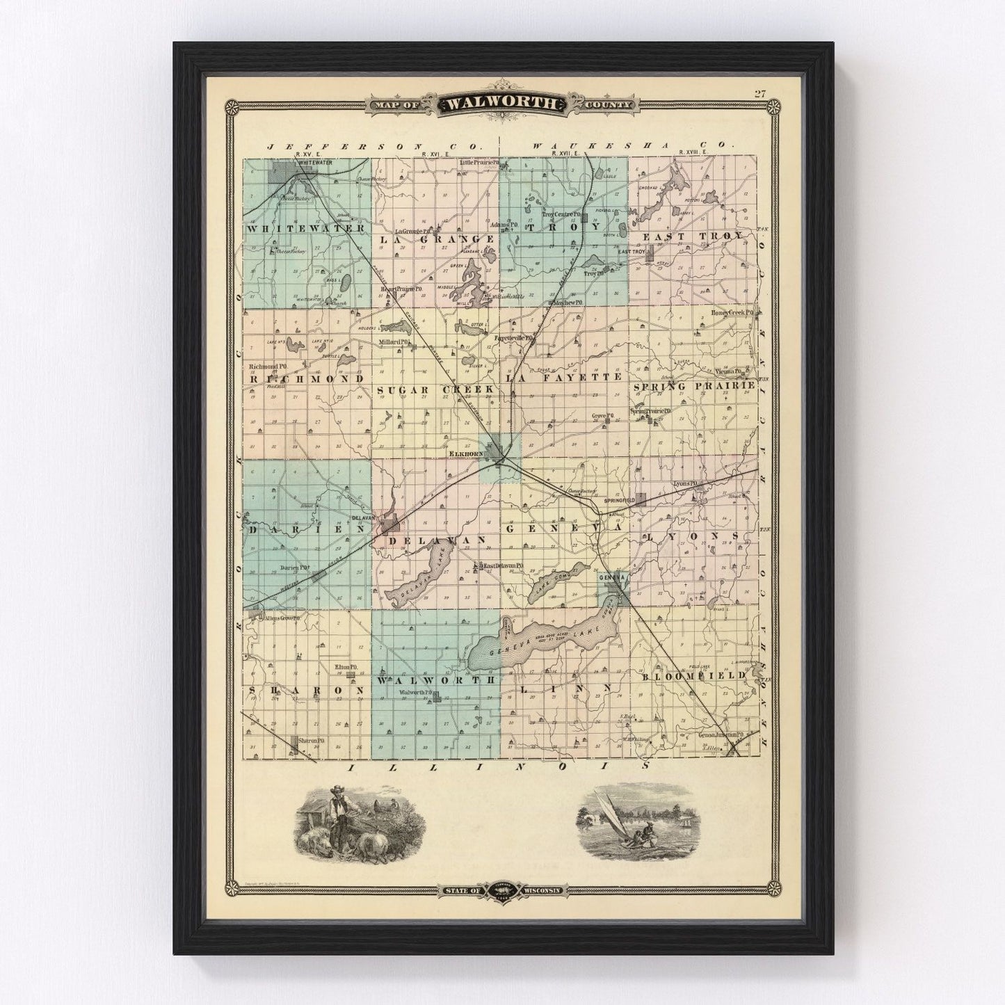 Vintage map of Walworth County, Wisconsin, 1878, Lake Geneva area