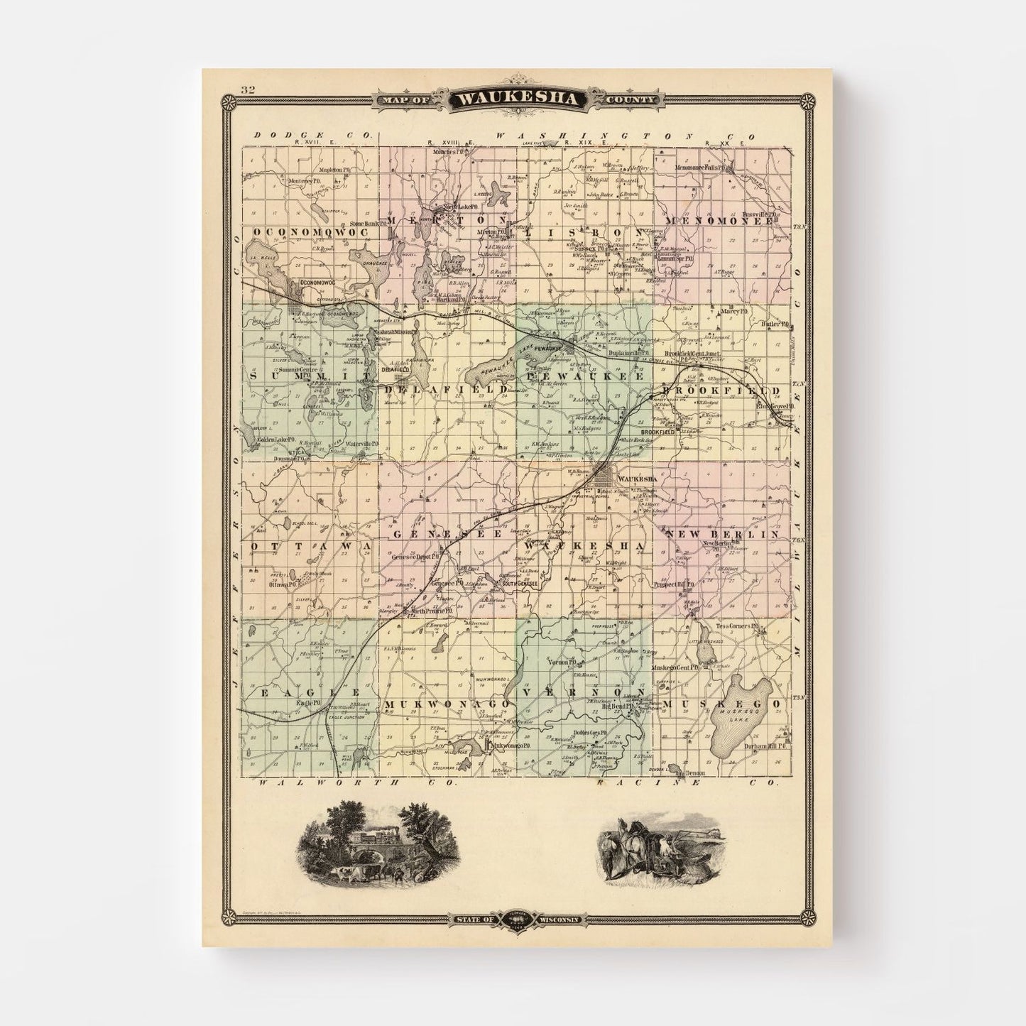 Vintage Map of Waukesha County, Wisconsin, 1878 (I)