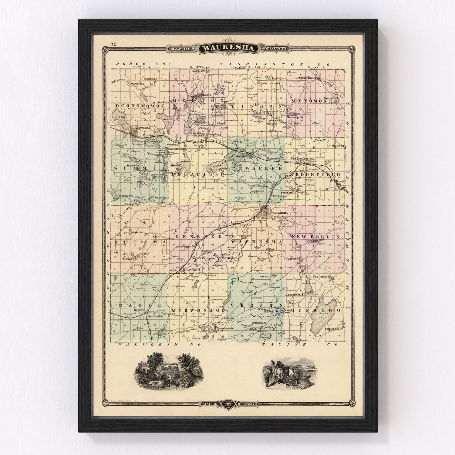 Vintage map of Waukesha County, Wisconsin, 1878, southeastern Wisconsin lakes and farms