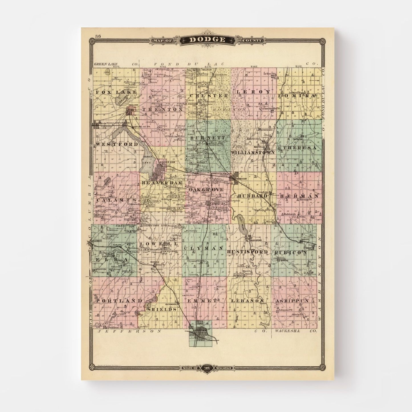 Vintage Map of Dodge County, Wisconsin, 1878