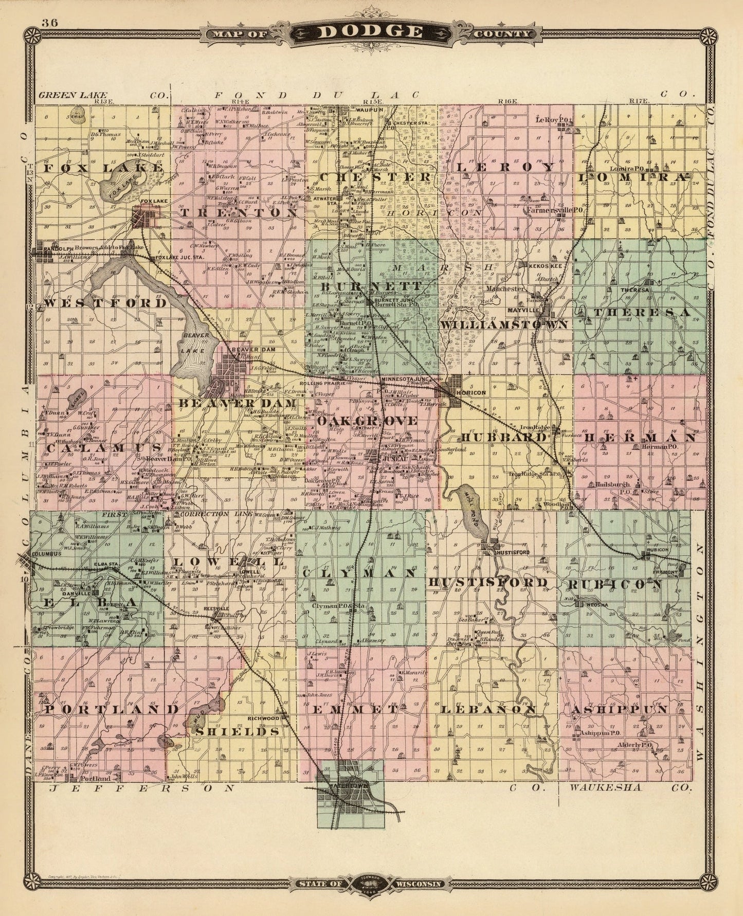 Vintage Map of Dodge County, Wisconsin, 1878