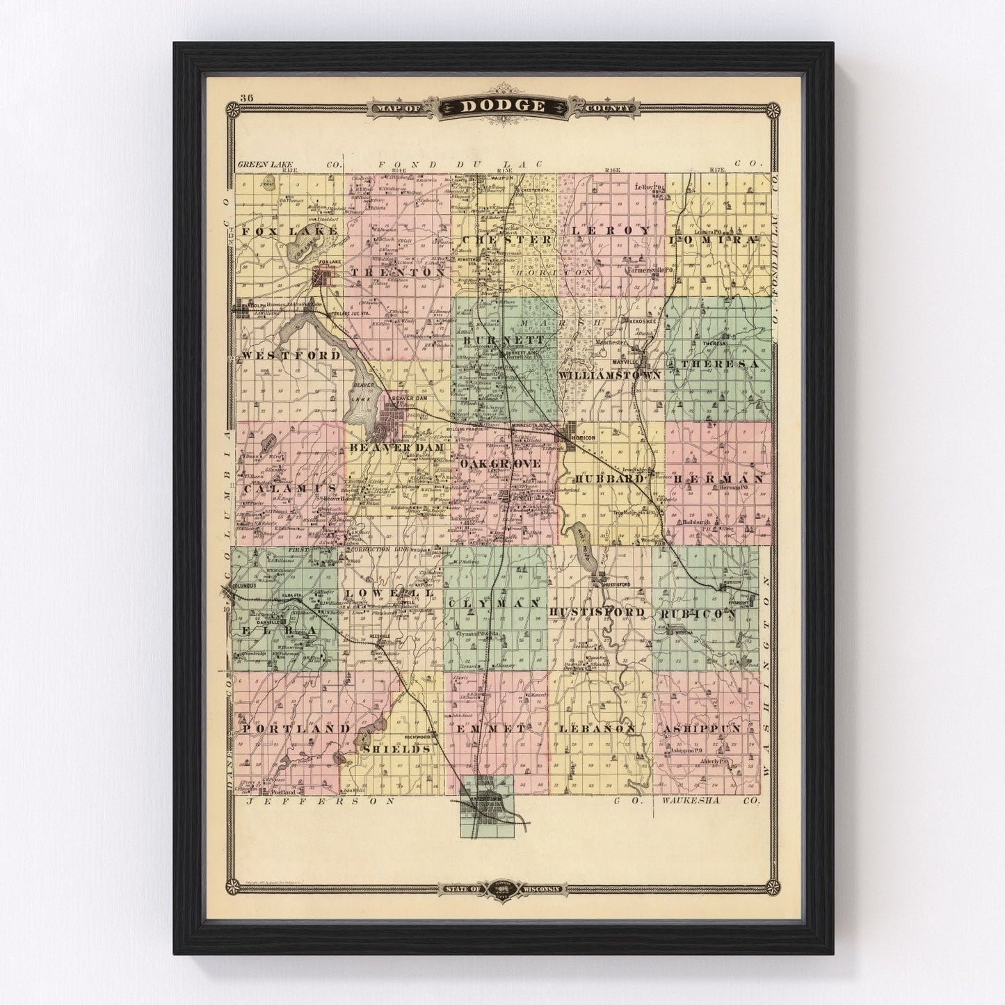 Vintage map of Dodge County, Wisconsin, 1878