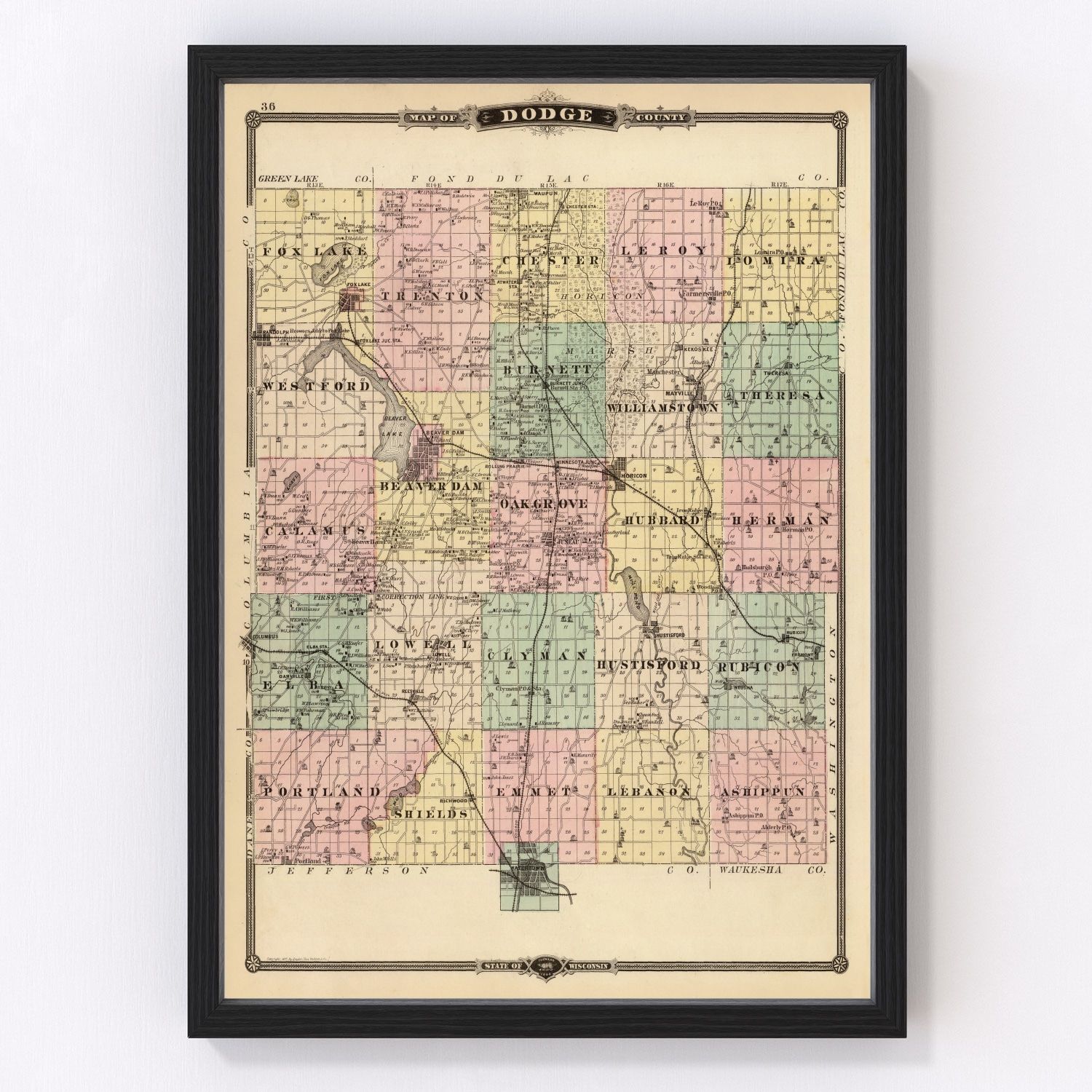 Vintage map of Dodge County, Wisconsin, 1878