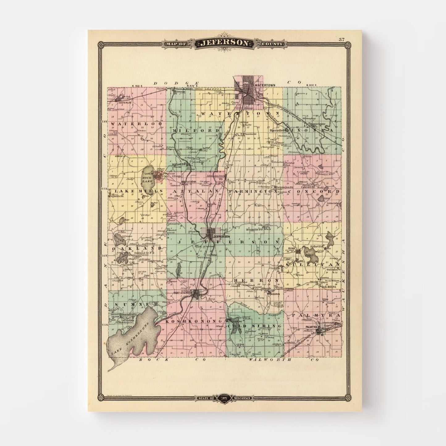 Vintage Map of Jefferson County, Wisconsin, 1878
