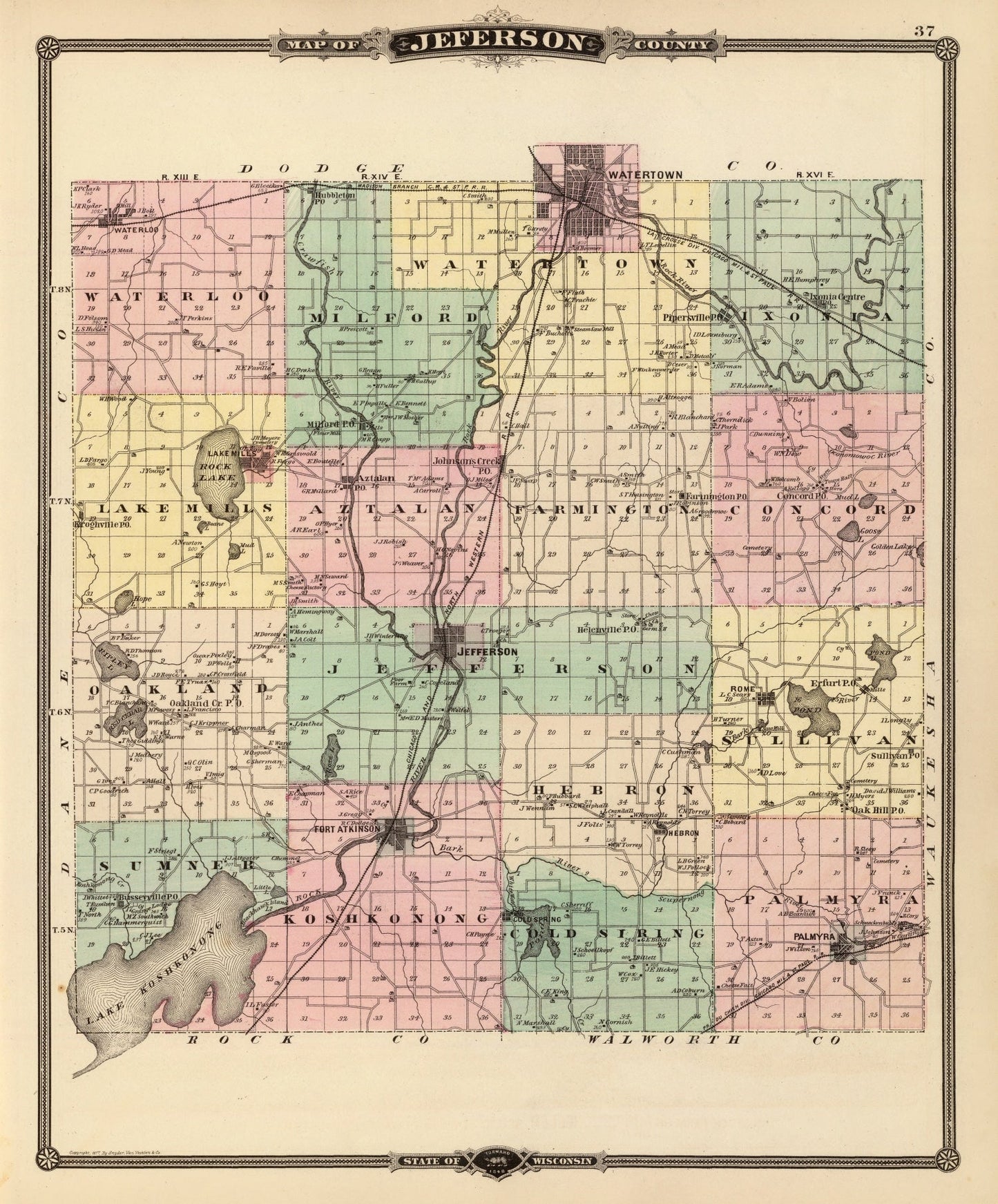 Vintage Map of Jefferson County, Wisconsin, 1878