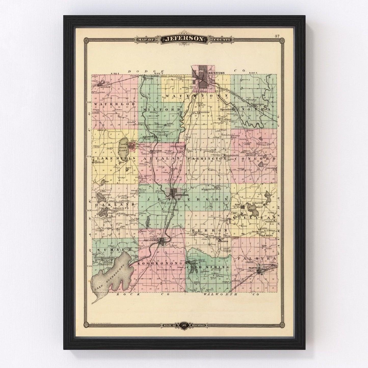 Vintage map of Jefferson County, Wisconsin, 1878