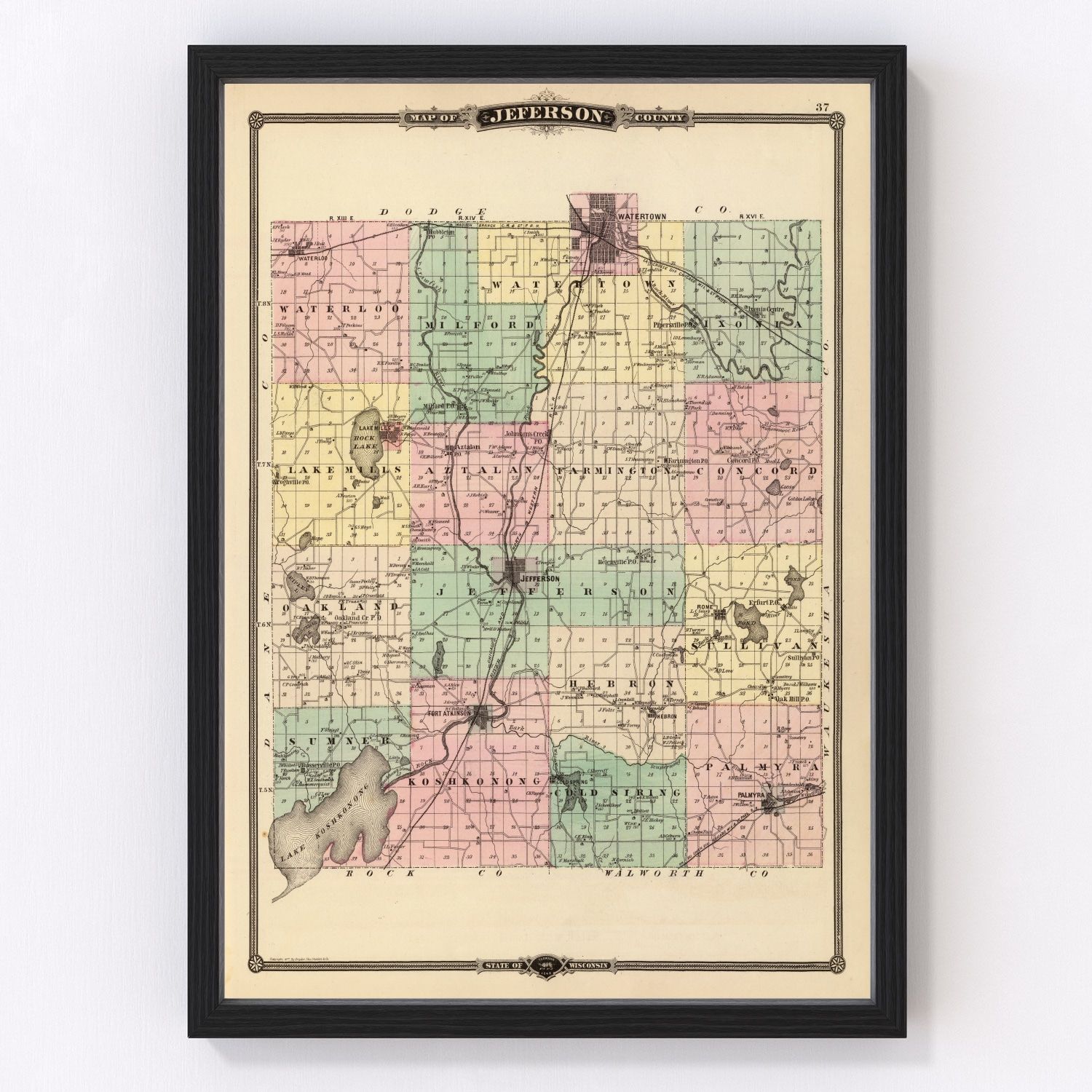 Vintage map of Jefferson County, Wisconsin, 1878