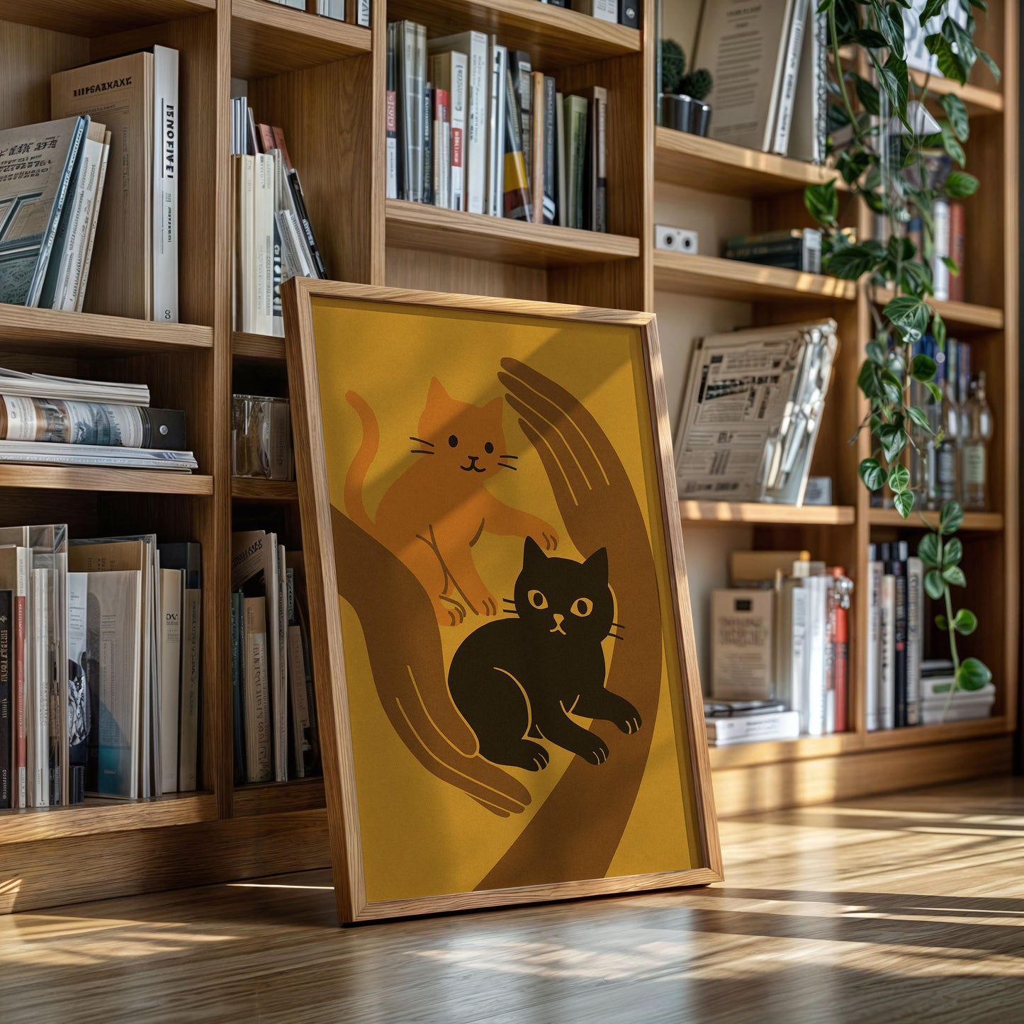 Two Cats Embrace Minimalist Cat Wall Art Print