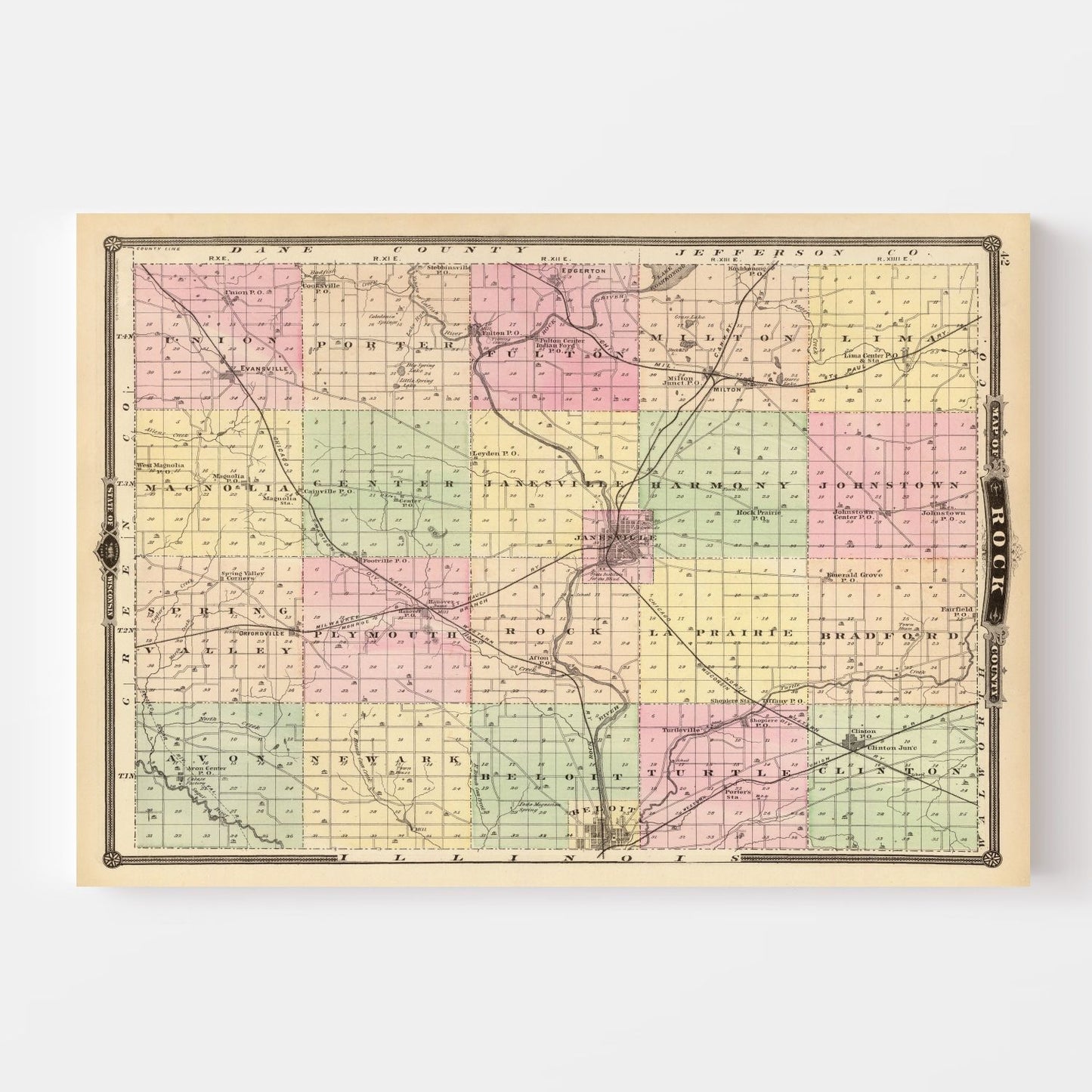 Vintage Map of Rock County, Wisconsin, 1878