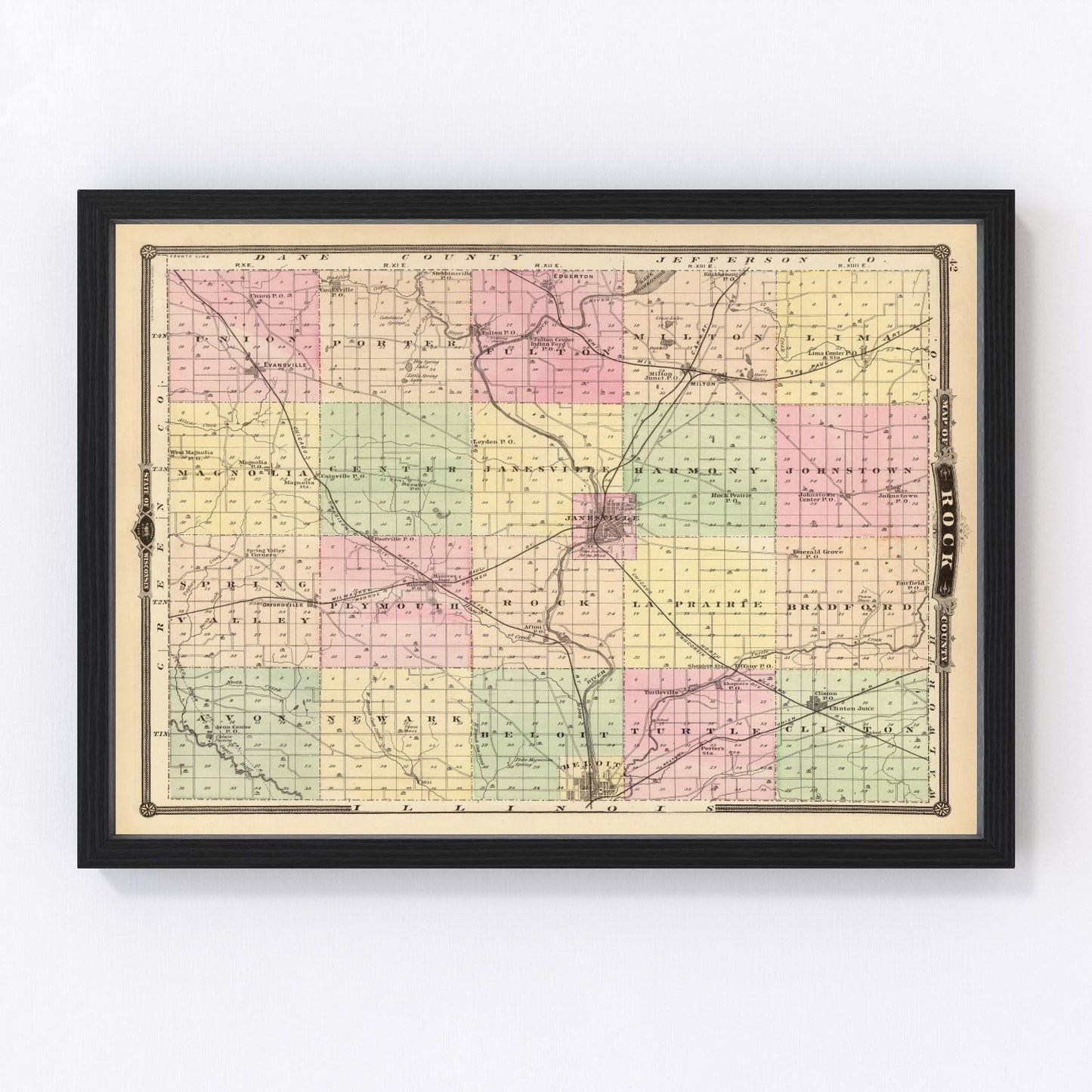 Vintage map of Rock County, Wisconsin, 1878