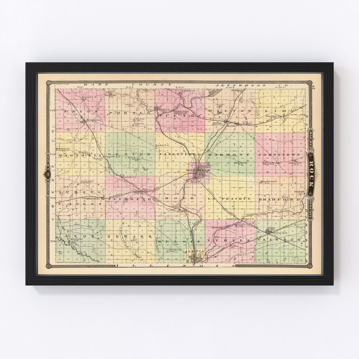 Vintage map of Rock County, Wisconsin, 1878