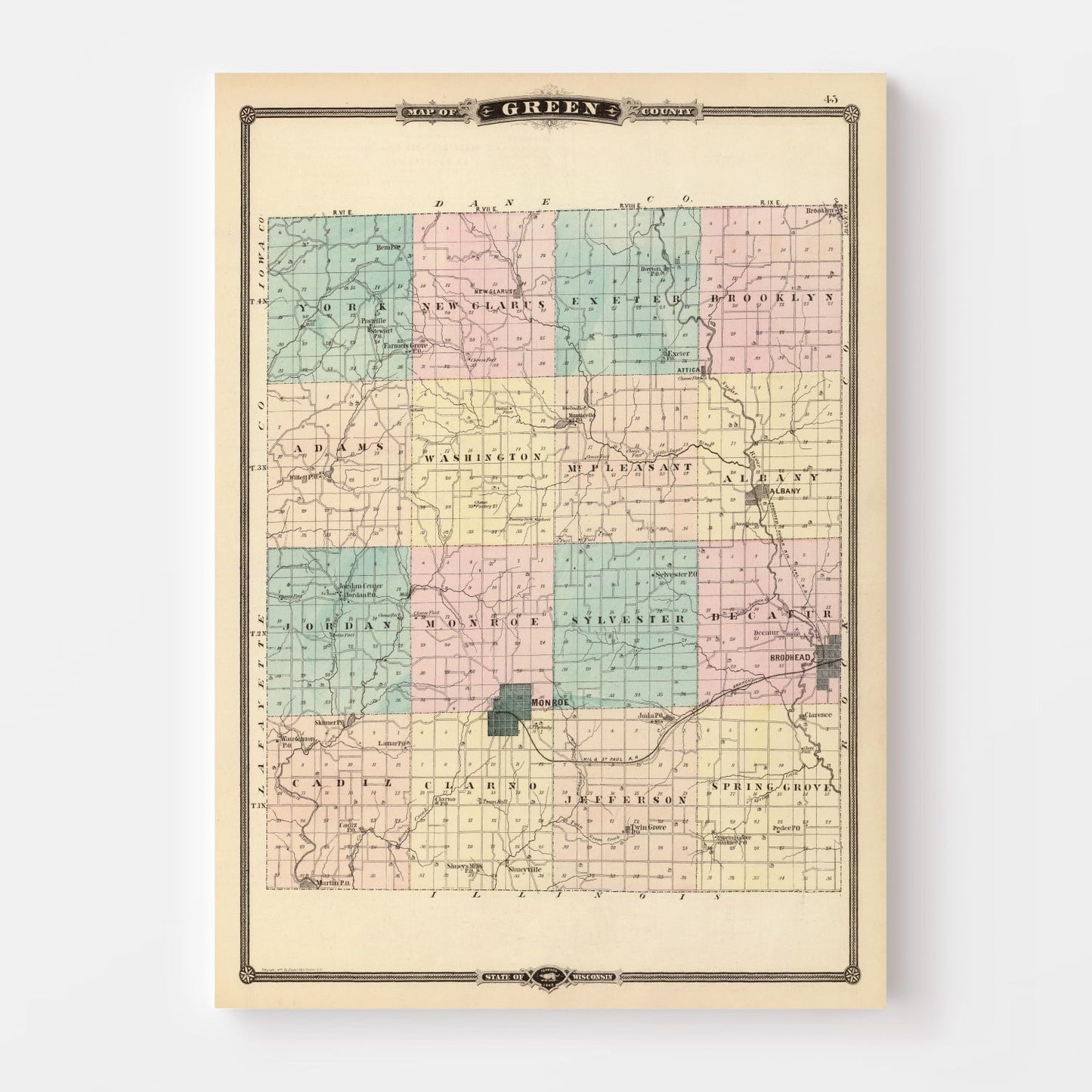 Vintage Map of Green County, Wisconsin, 1878