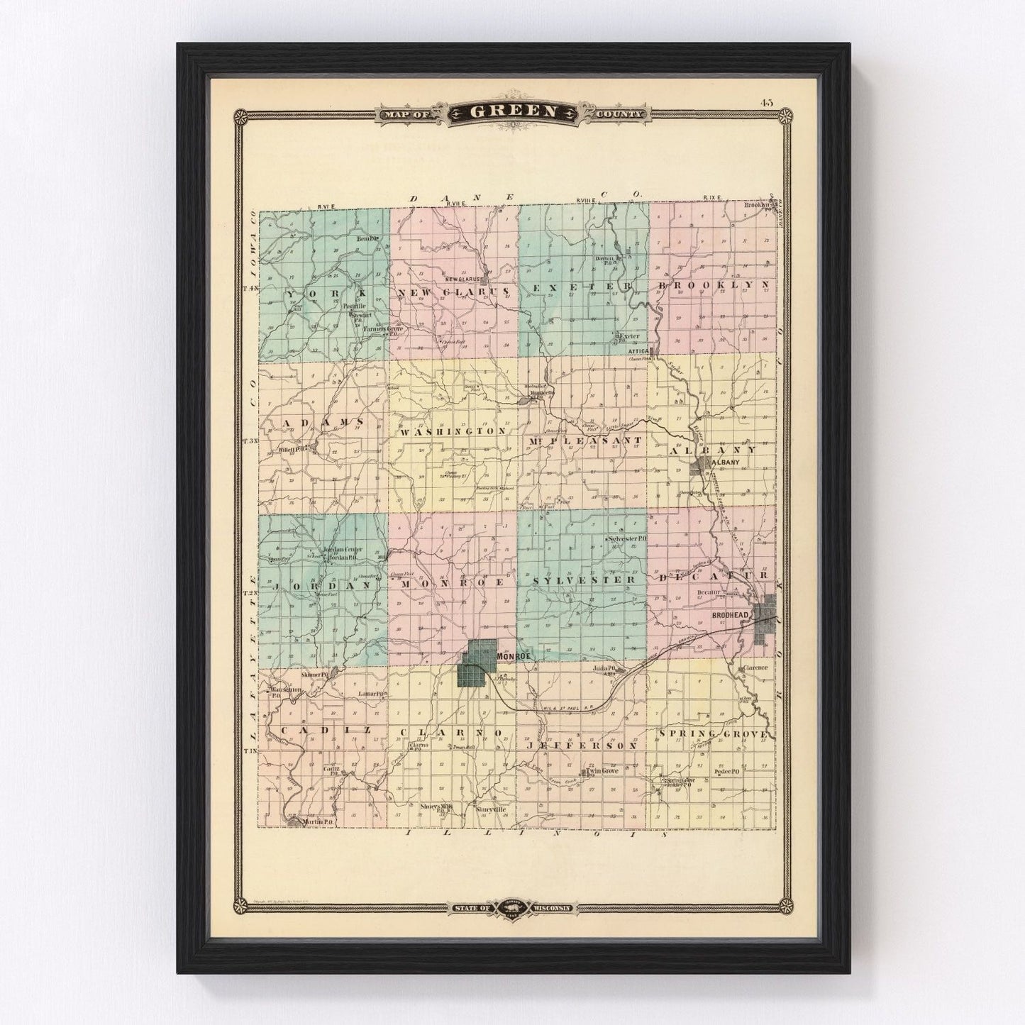 Vintage map of Green County, Wisconsin, 1878
