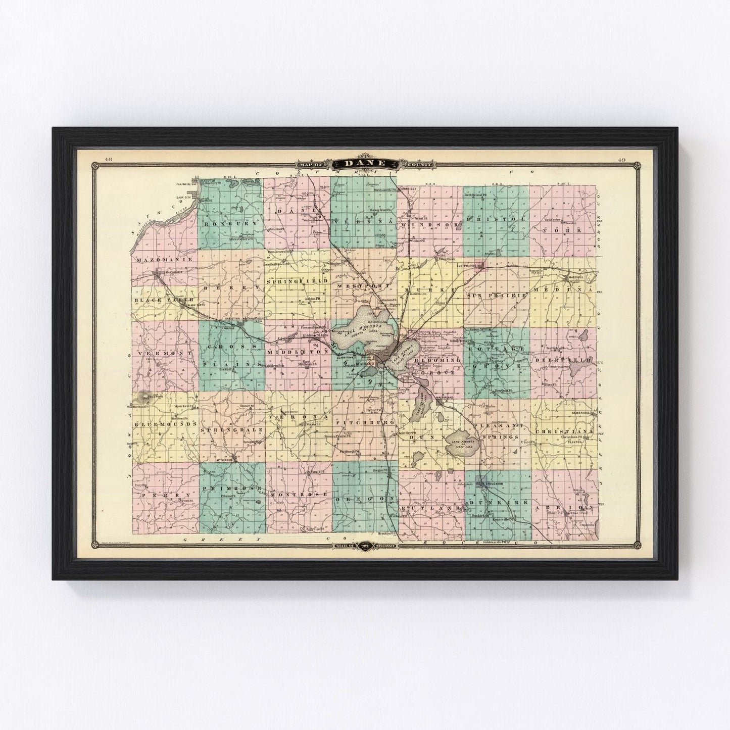 Vintage map of Dane County, Wisconsin, 1878