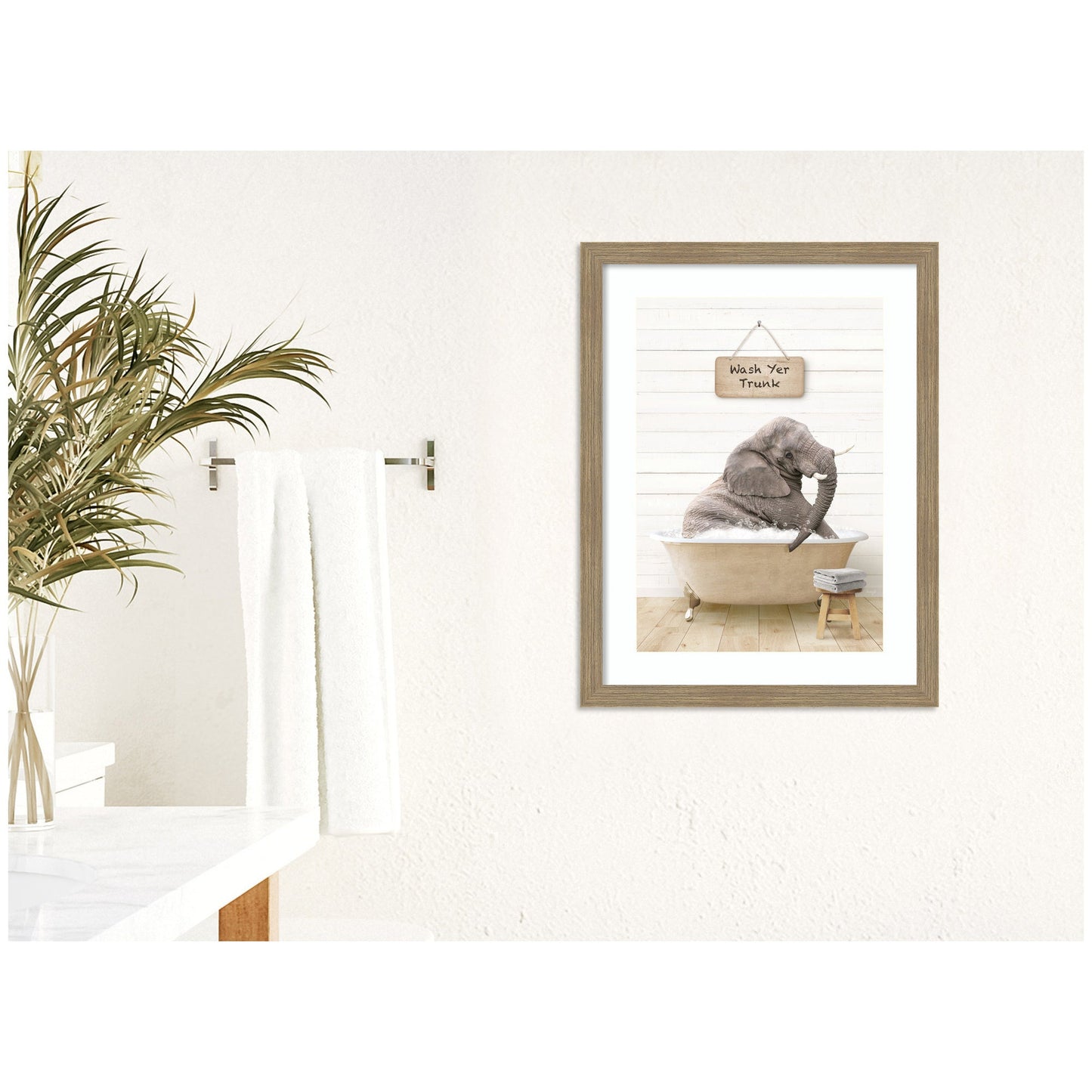 Young Elephant in Modern Bathtub  Wash Your Trunk by Amy Peterson Framed Wall Art Print