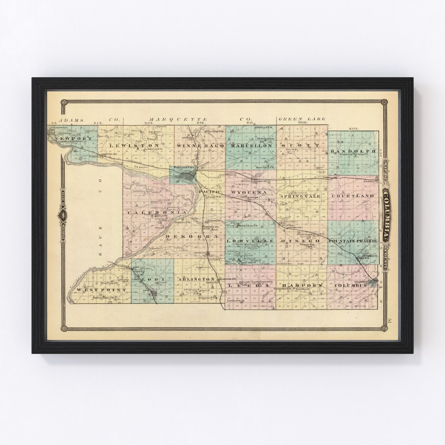 Vintage restored map of Columbia County, Wisconsin, 1878, township detail