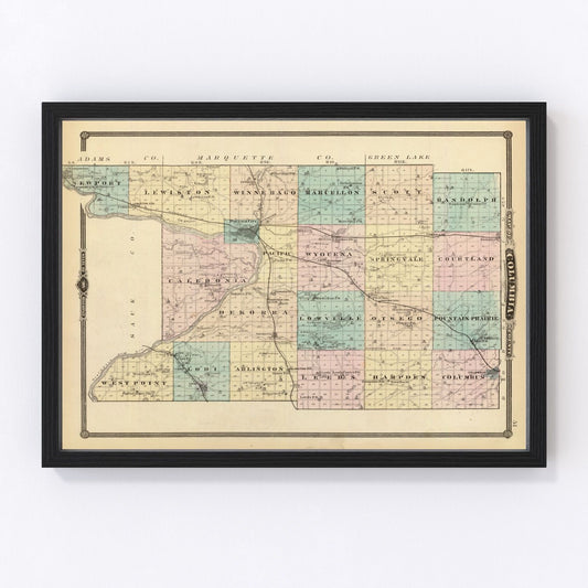 Vintage restored map of Columbia County, Wisconsin, 1878, township detail