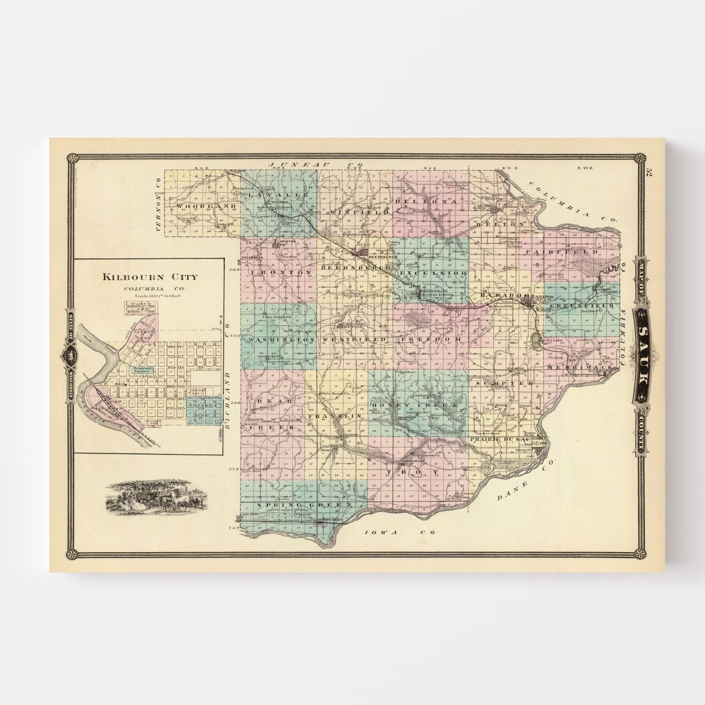 Vintage Map of Sauk County, Wisconsin, 1878