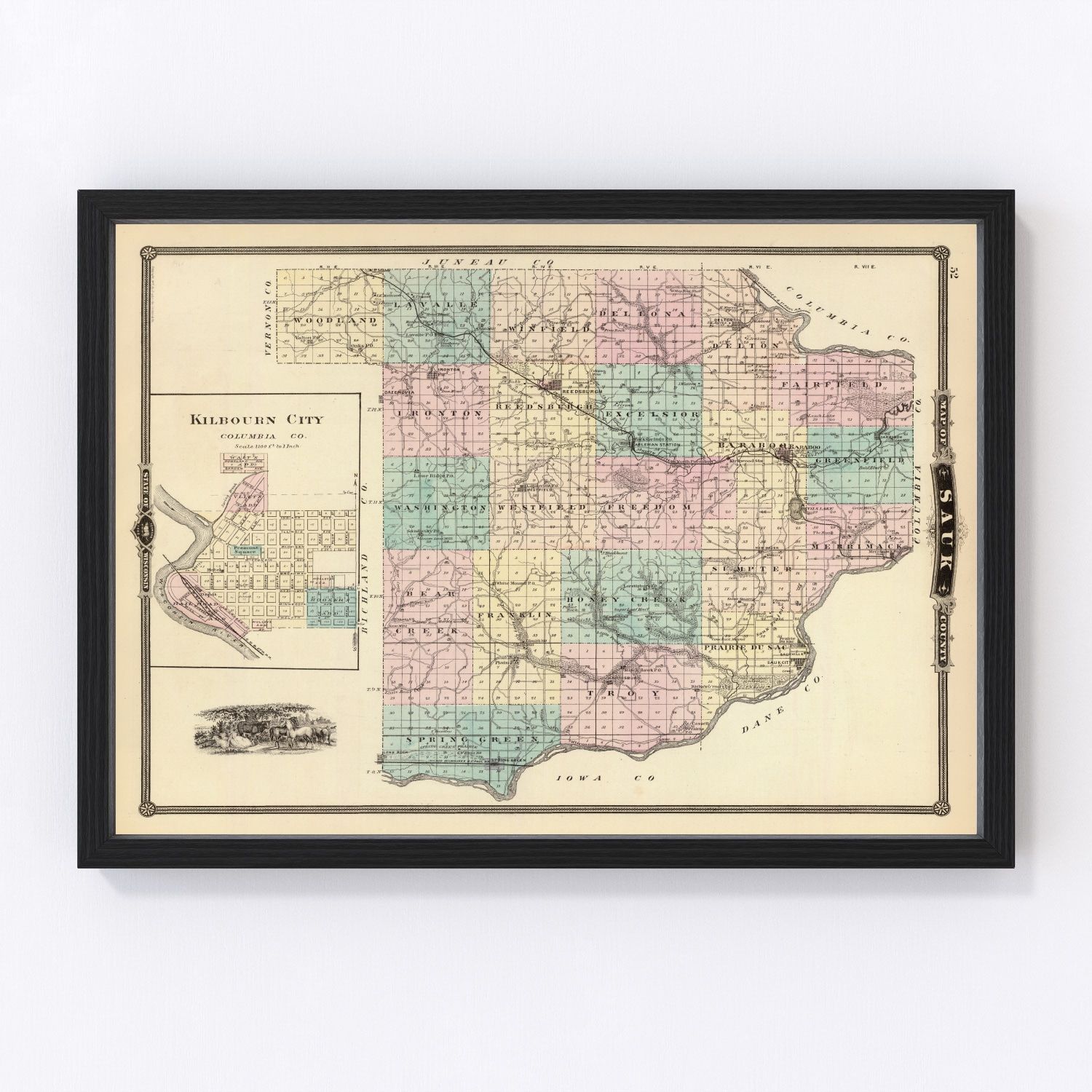 vintage map of Sauk County, Wisconsin, 1878