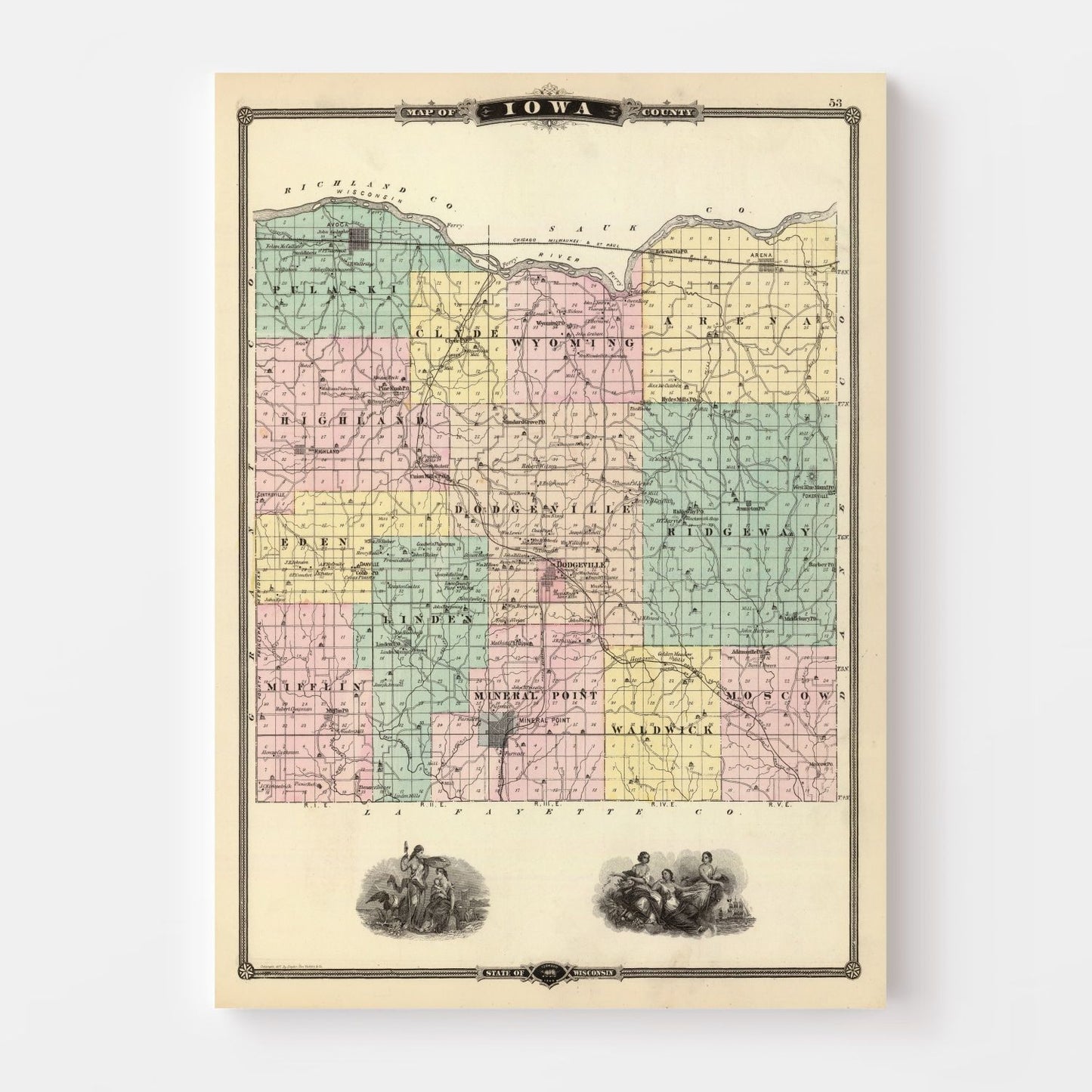 Vintage Map of Iowa County, Wisconsin, 1878