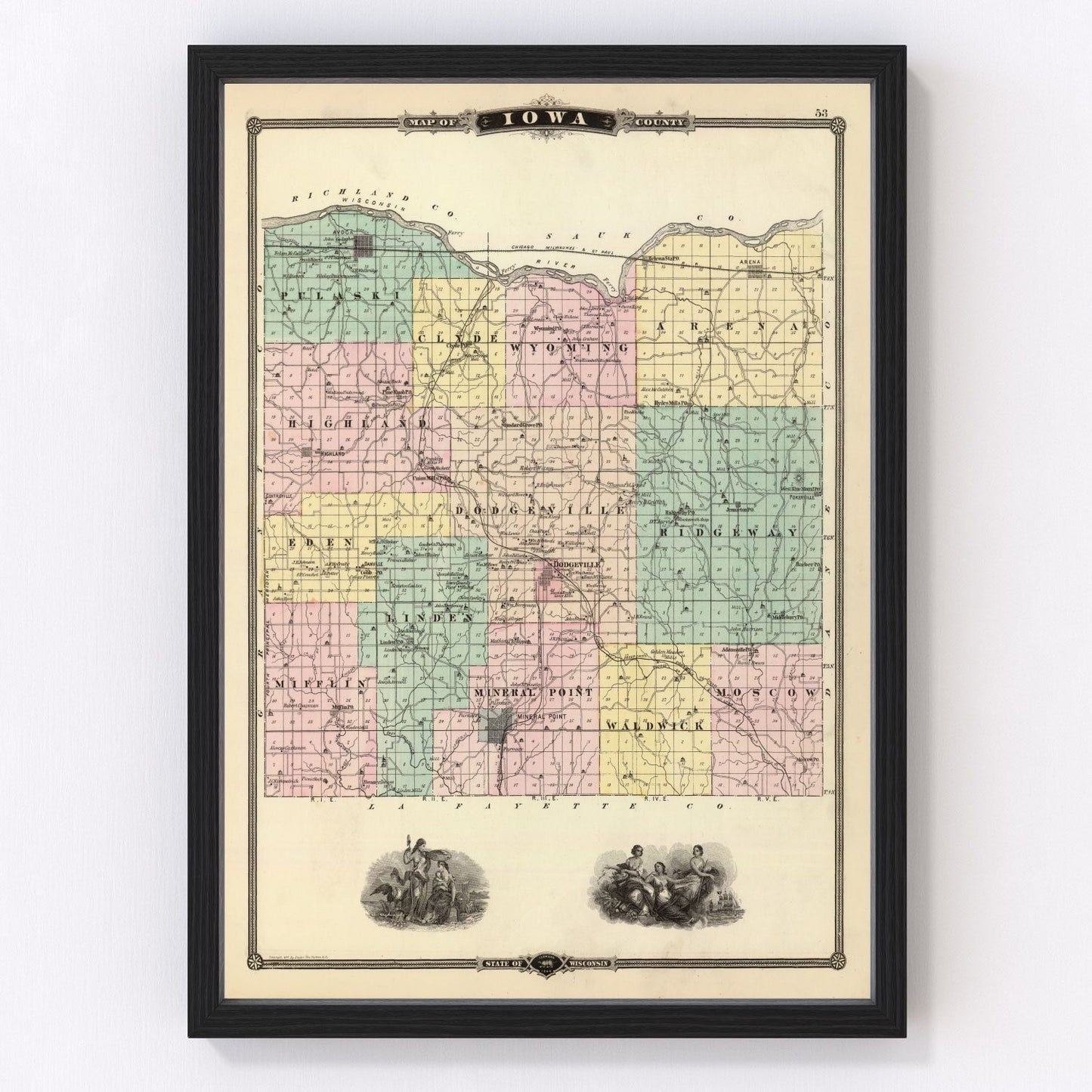Vintage map of Iowa County, Wisconsin, 1878