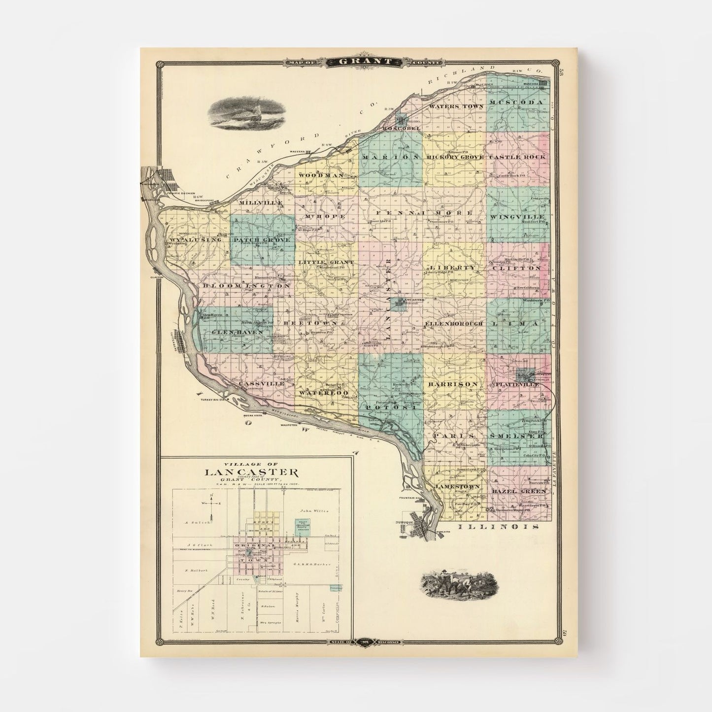 Vintage Map of Grant County, Wisconsin, 1878