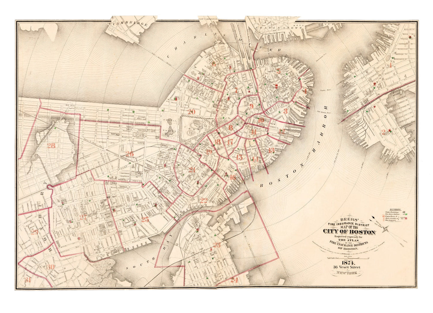 Vintage Map of Boston, Massachusetts 1874