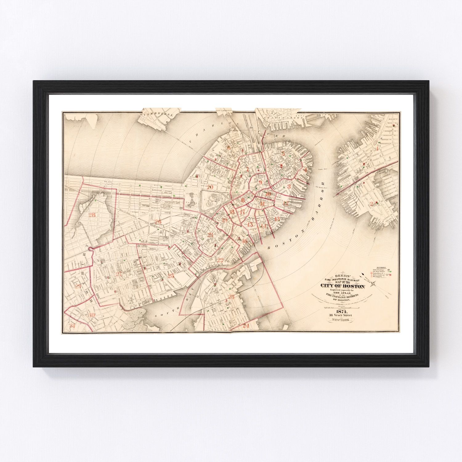 vintage map of Boston Massachusetts 1874, restored print wall art