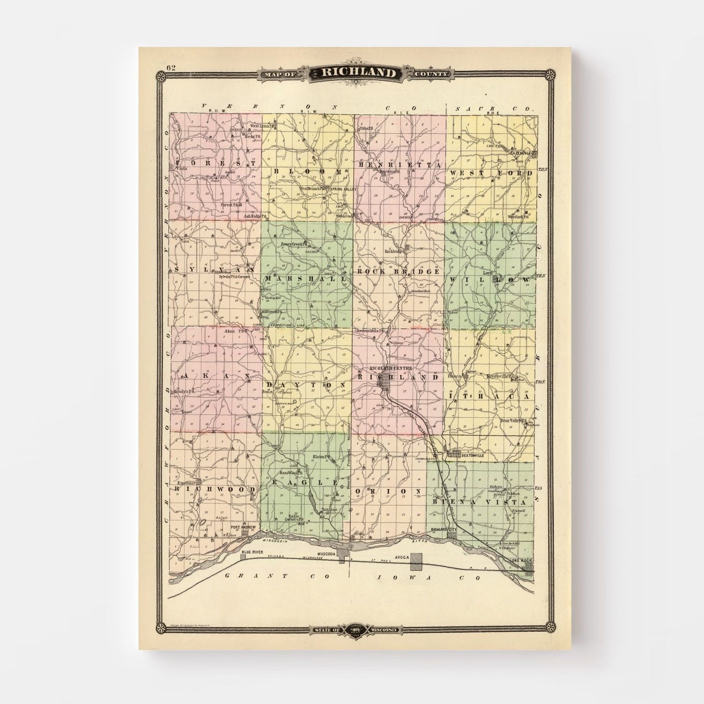 Vintage Map of Richland County, Wisconsin, 1878