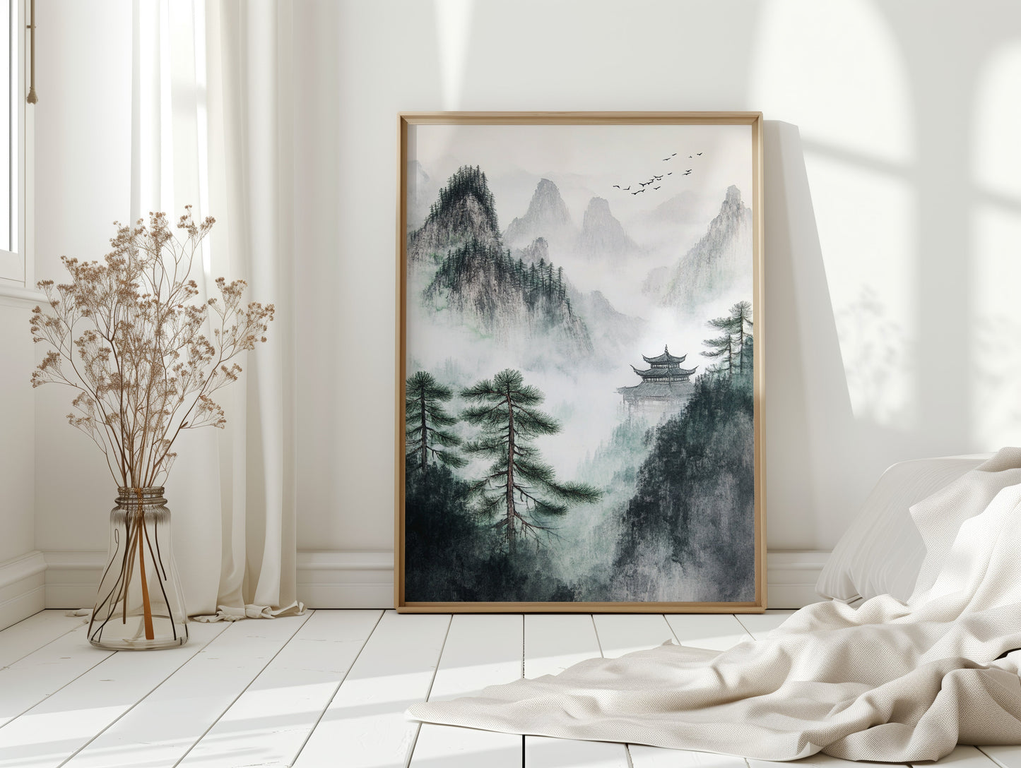 Misty Mountain Zen Wall Art Print - Chinese Ink Landscape