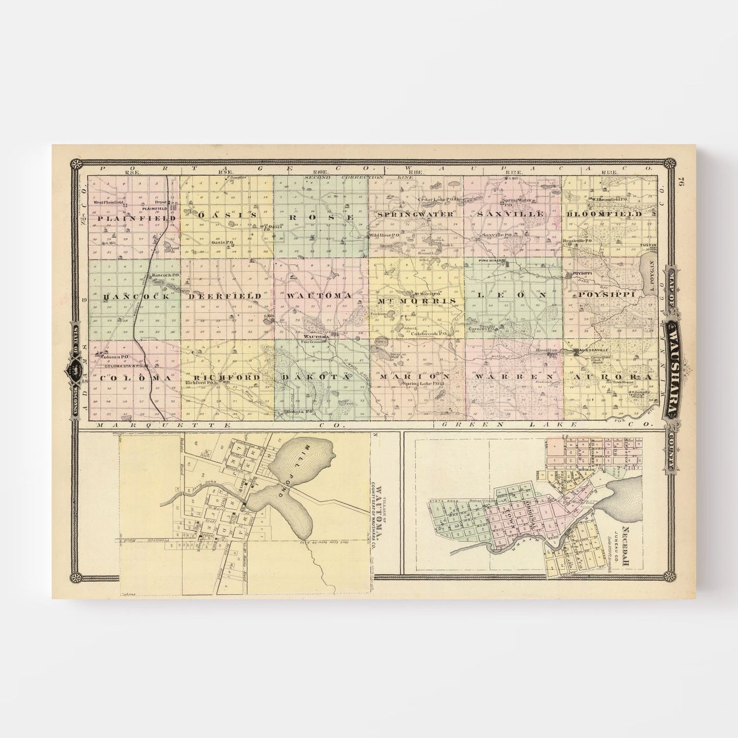 Vintage Map of Waushara County, Wisconsin, 1878