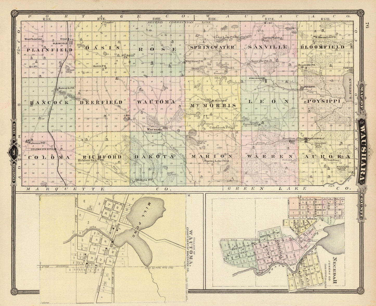 Vintage Map of Waushara County, Wisconsin, 1878