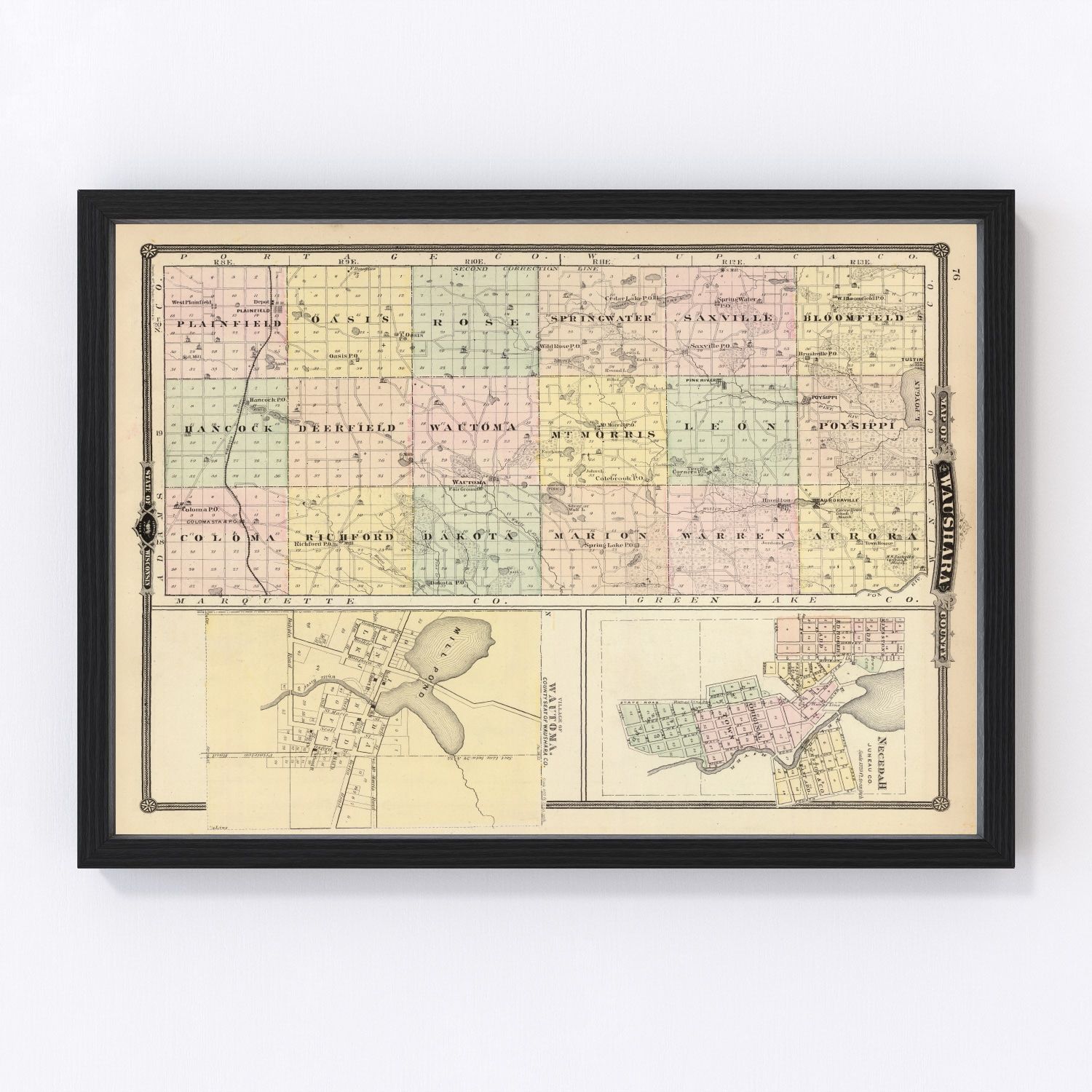 Vintage map of Waushara County, Wisconsin, 1878, post-Civil War lake district
