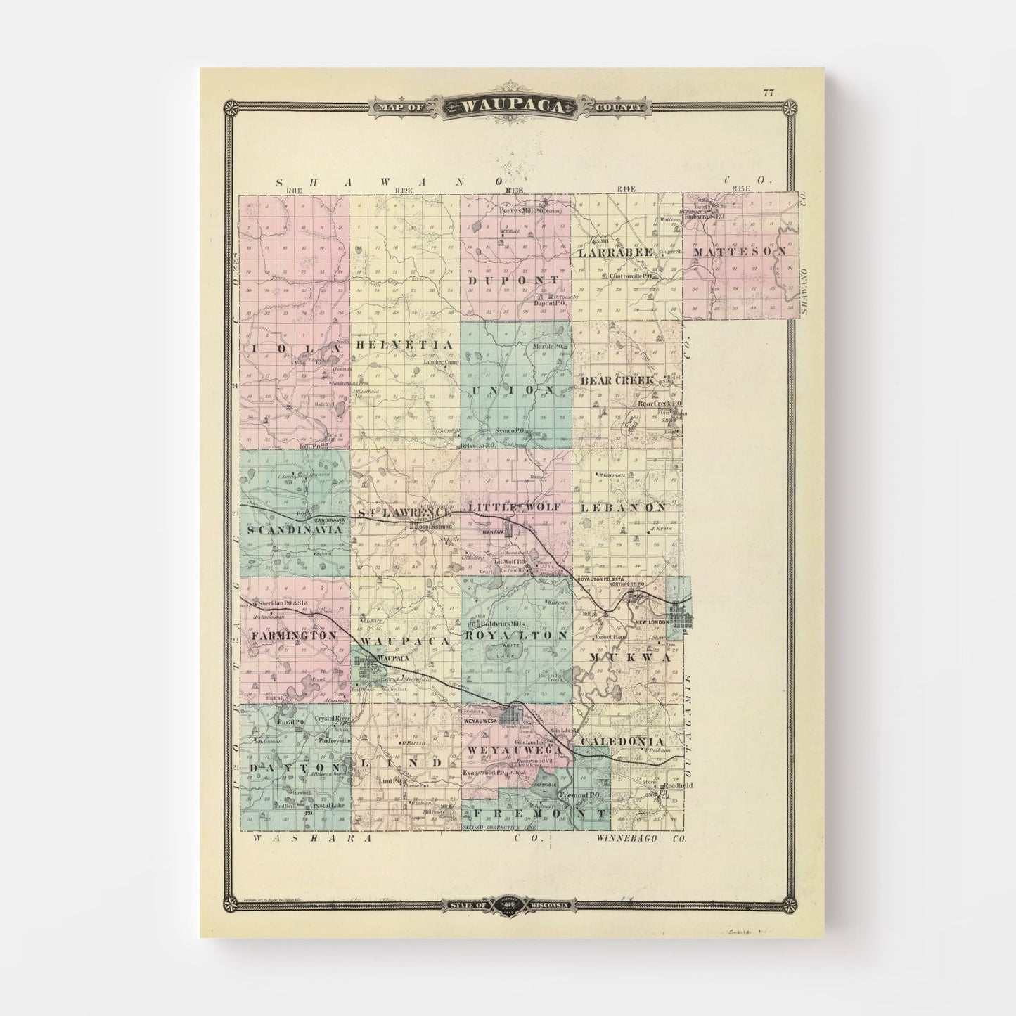 Vintage Map of Waupaca County, Wisconsin, 1878