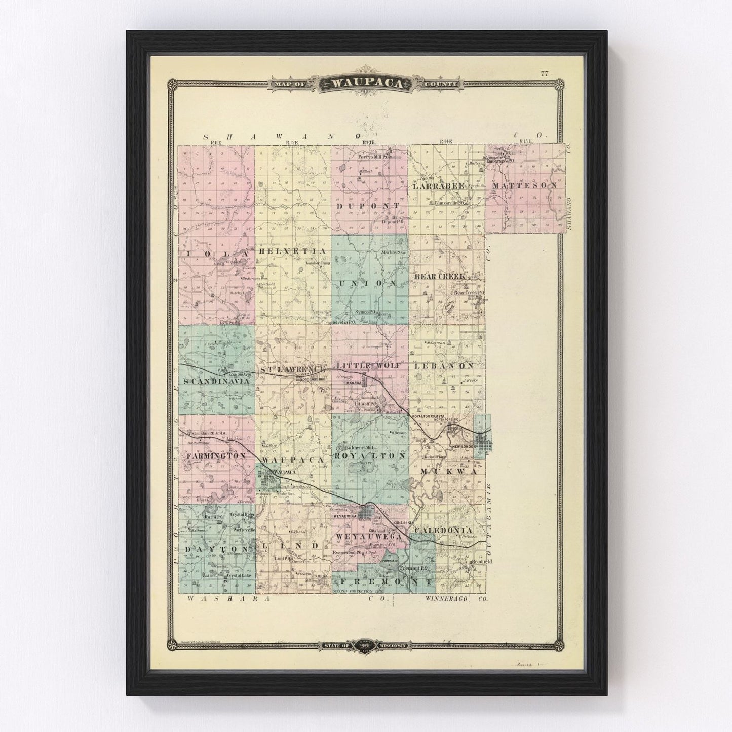 Vintage map of Waupaca County, Wisconsin, 1878, Chain O Lakes and townships