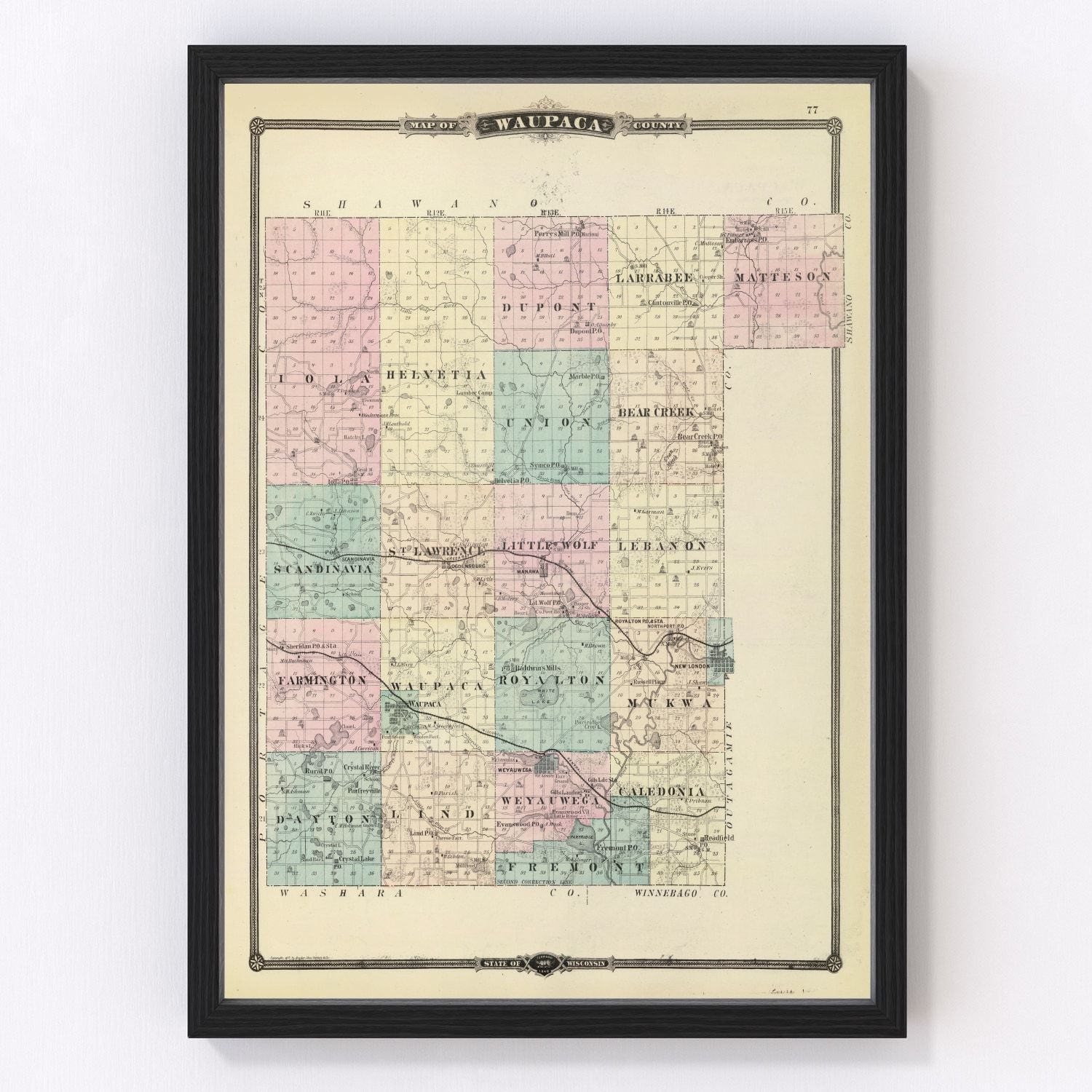 Vintage map of Waupaca County, Wisconsin, 1878, Chain O Lakes and townships